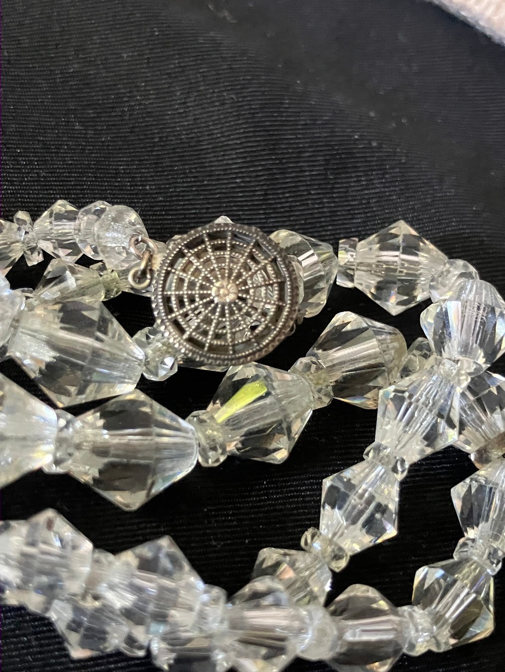 Vintage Art Deco Faceted Crystal Necklace Silver Chain Faceted Bi-cone Beads 16″