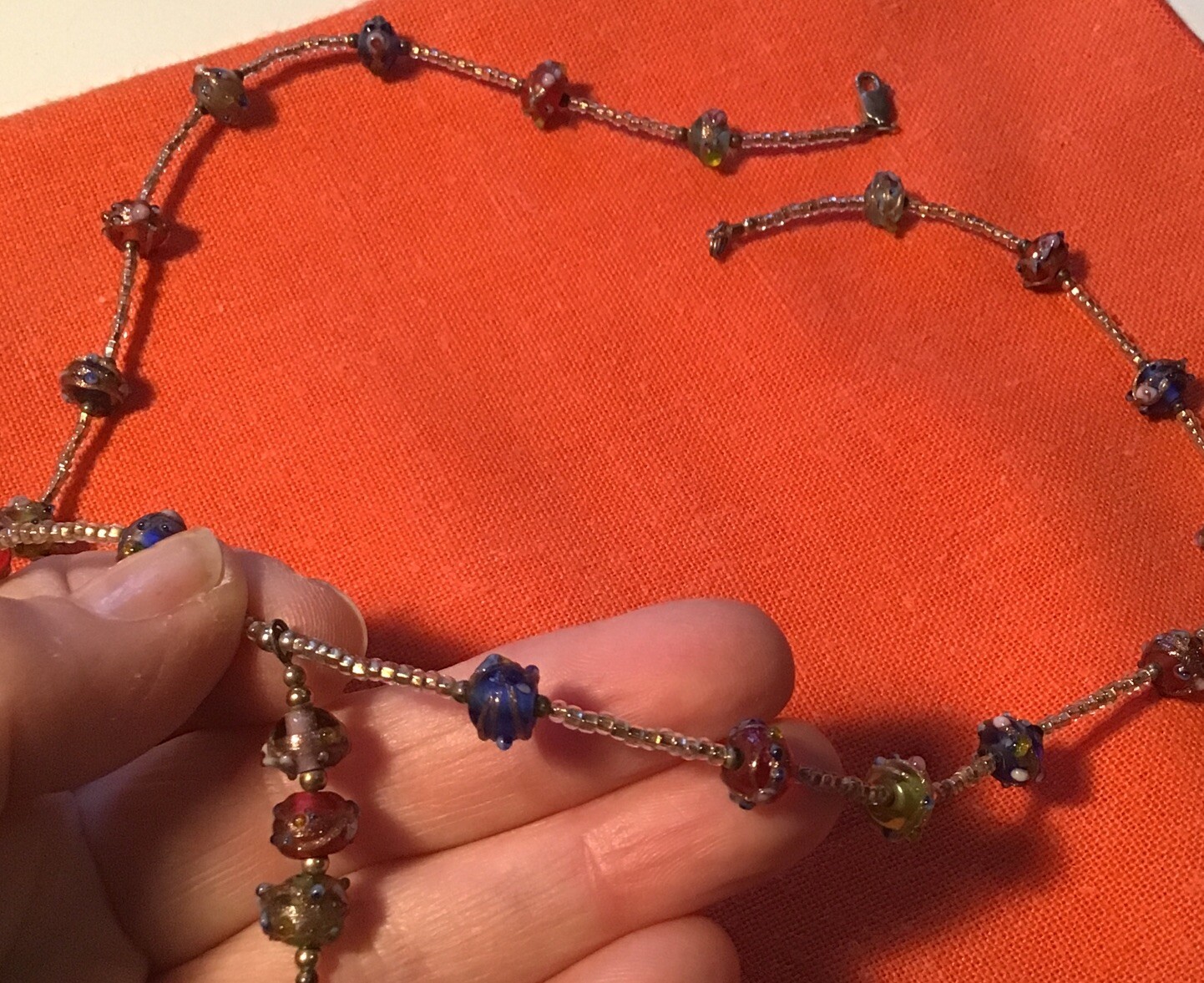 Pretty Vintage Mid Century Handmade Multicolor Candlework Beads Necklace 19”