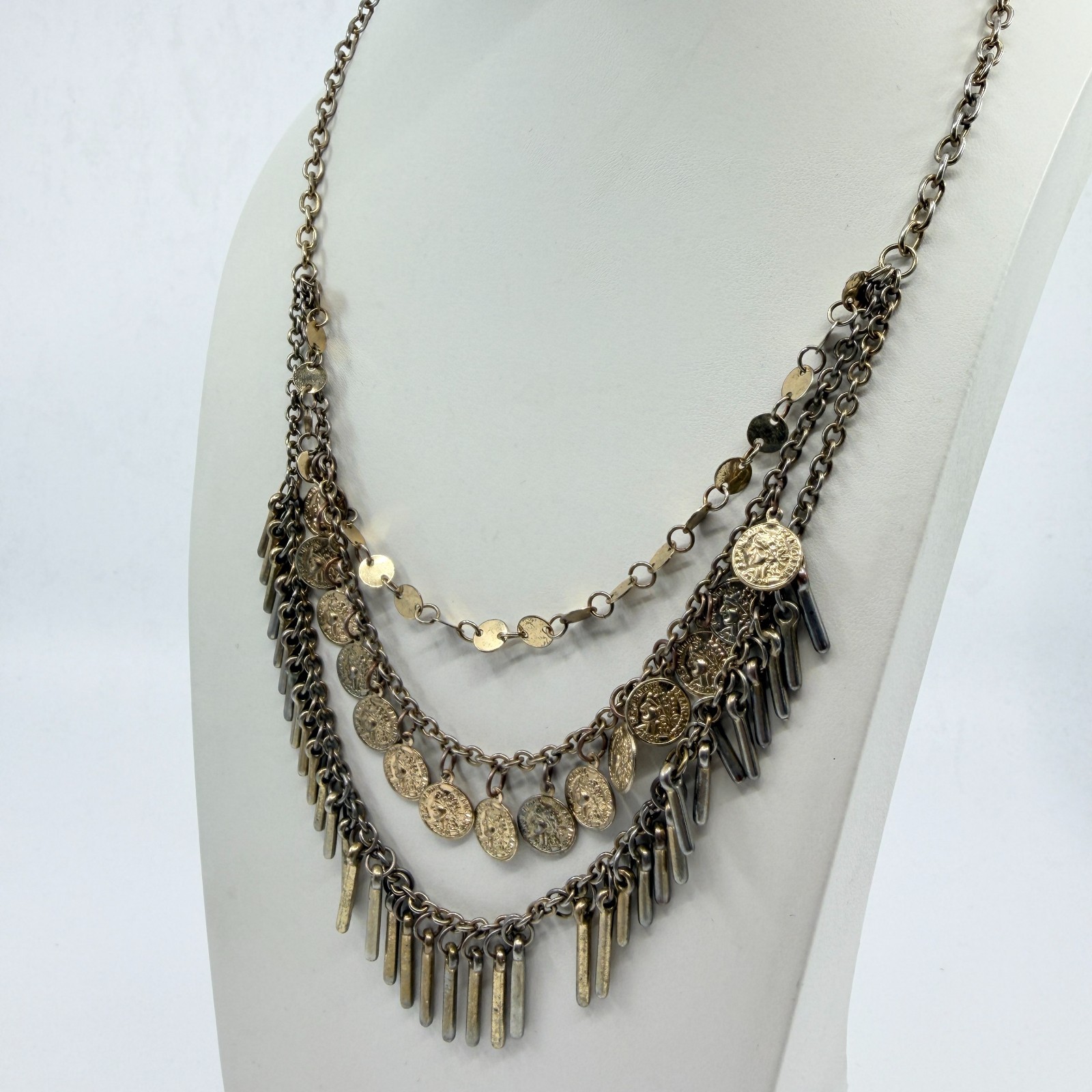 VTG Antique Gold Tone Multi Strand Coin Fringe Layered Statement BIB Necklace