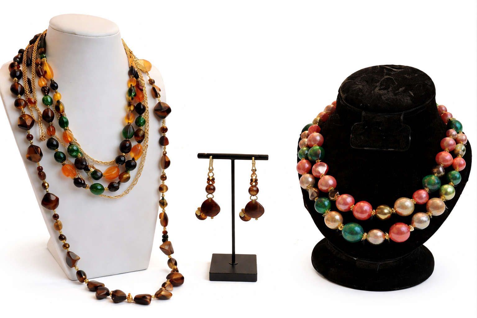 Vintage Lucite Plastic Necklace Lot 3 Fall Colors Beaded And Matching Earrings