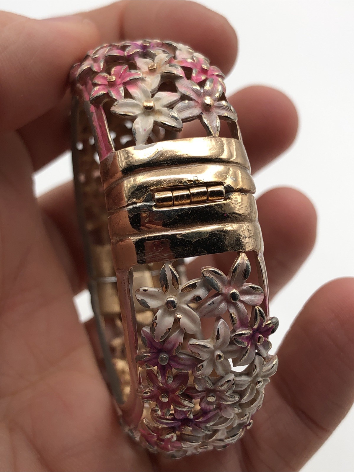 Vintage Floral Flower Pastel Enamel Pink Purple White Earring Bracelet Set