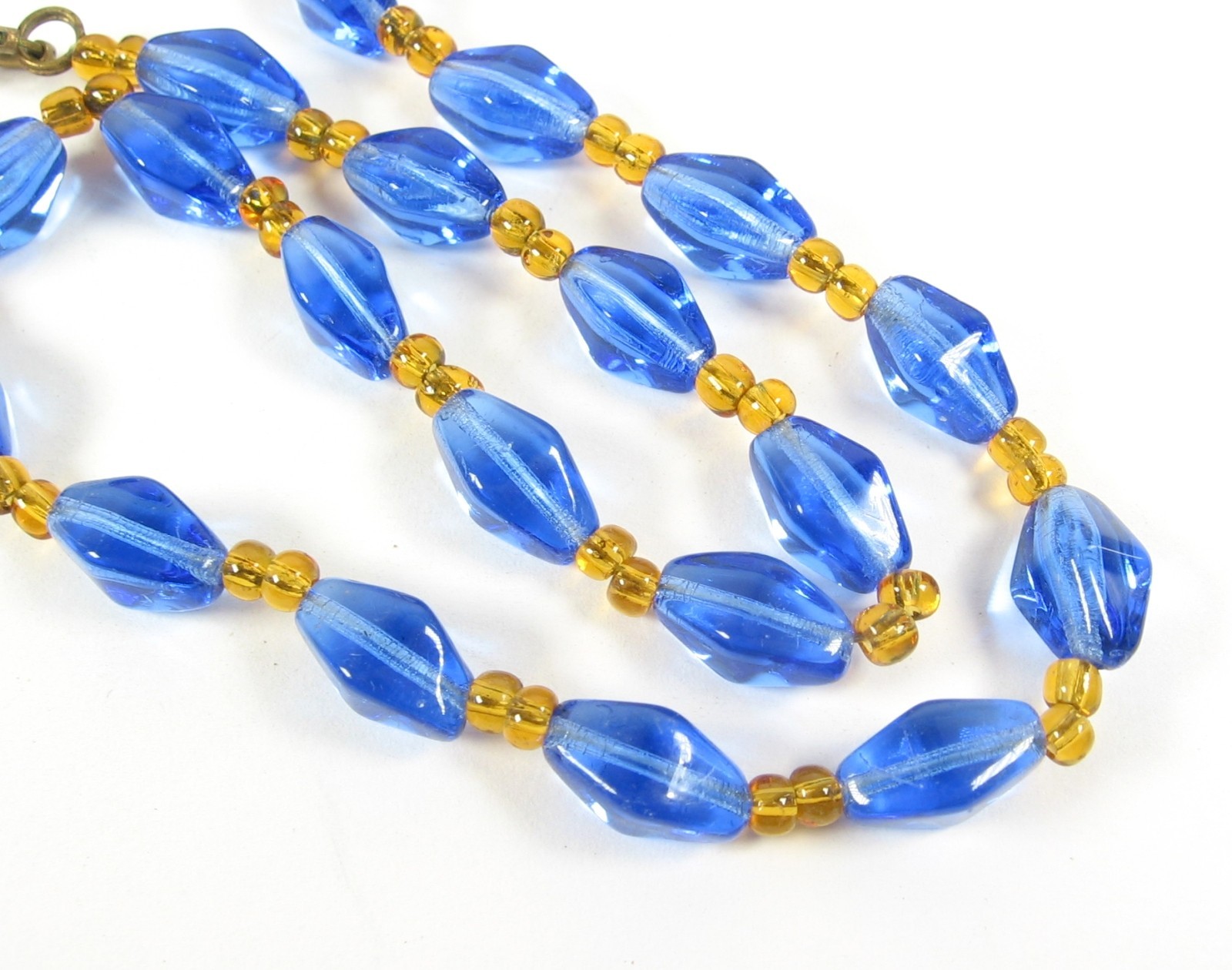 BLUE & AMBER-YELLOW Glass BEADNECKLACE Vintage Beaded Bicone Choker 18″