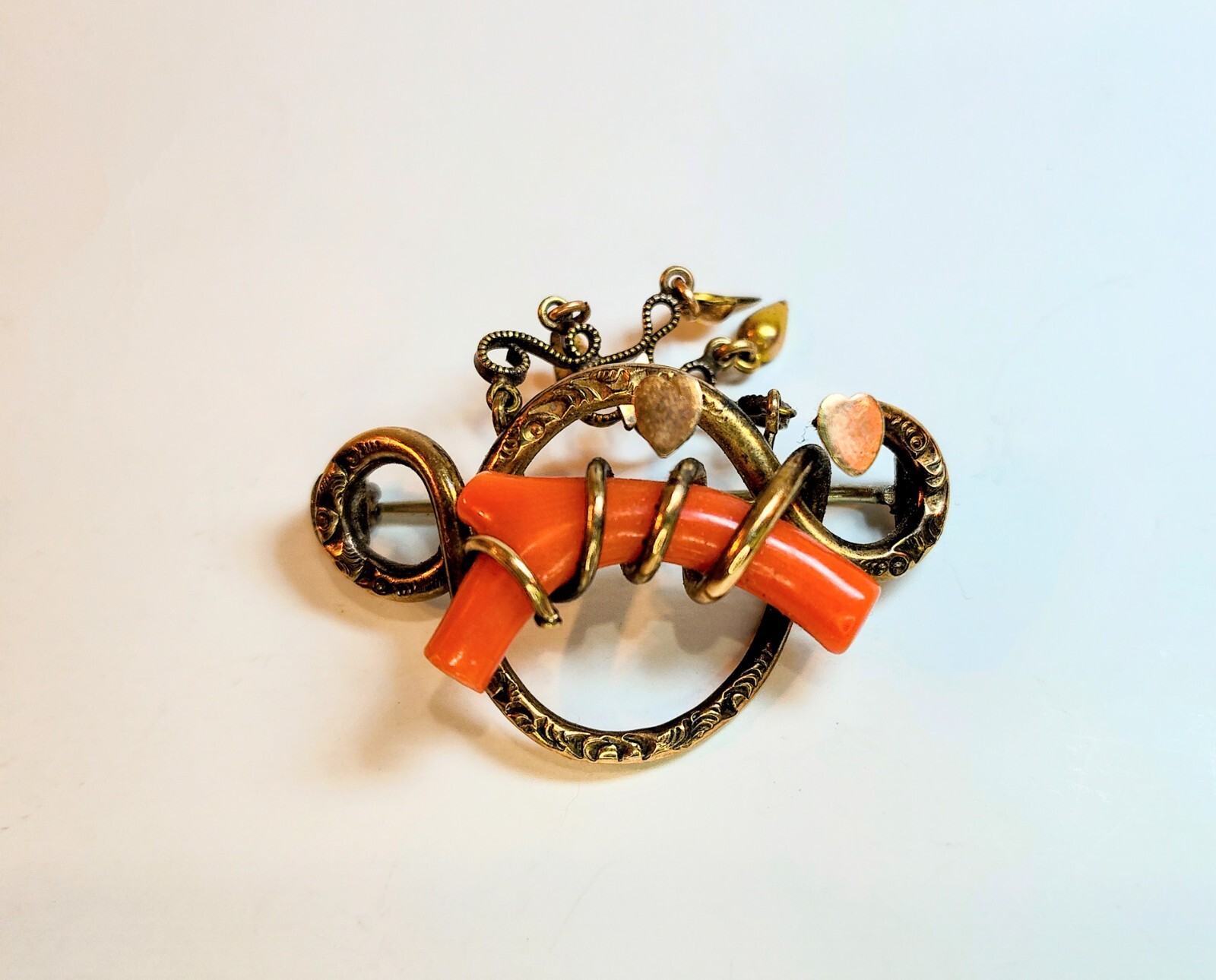 Antique 1800’s Victorian Gold Filled Red Coral Double Heart Love Knot Brooch/Pin