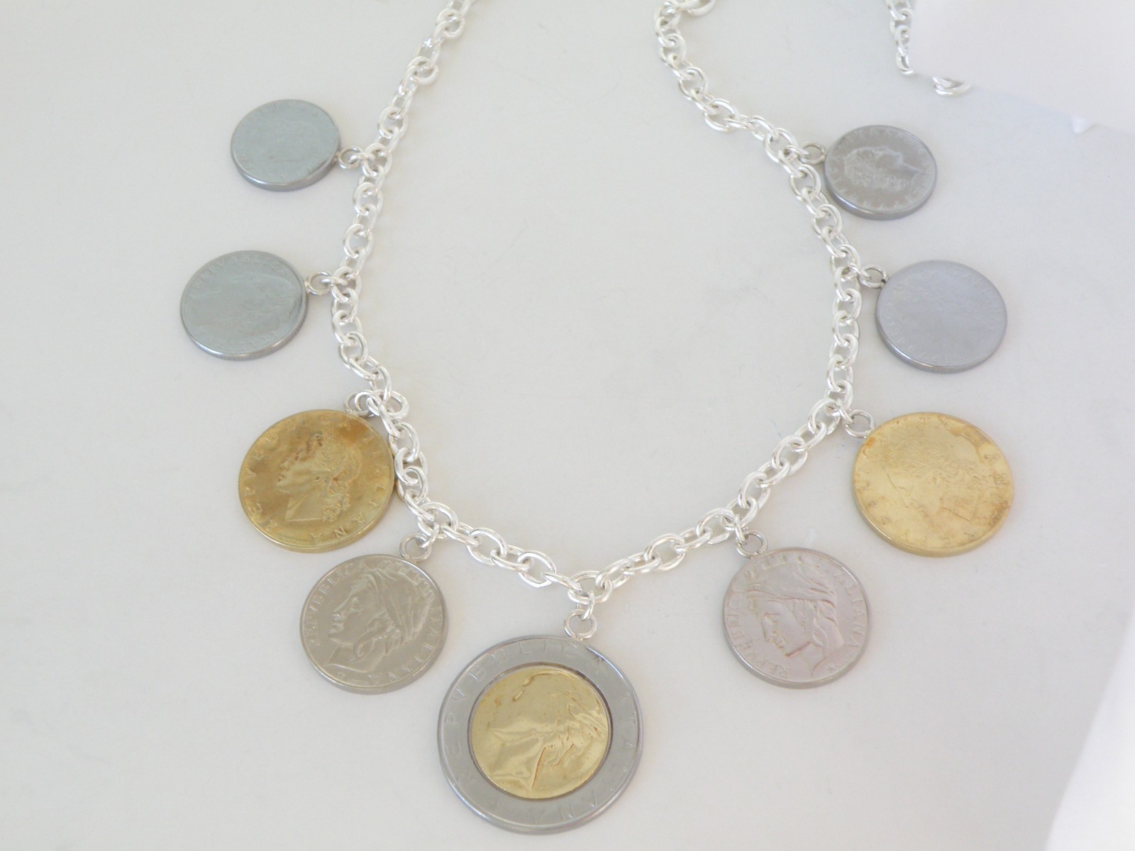 Milor Italy Sterling Silver 925 Italian Coin Charm Rolo Link Heavy Necklace 20″