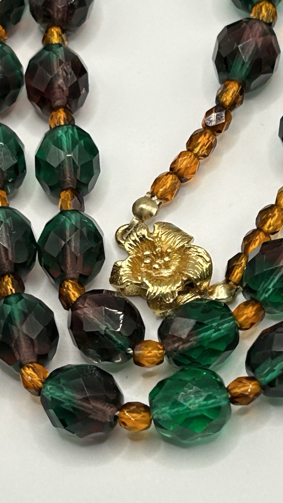 Vintage Retro Amethyst Green Fire Faceted Glass Beaded 33” Necklace