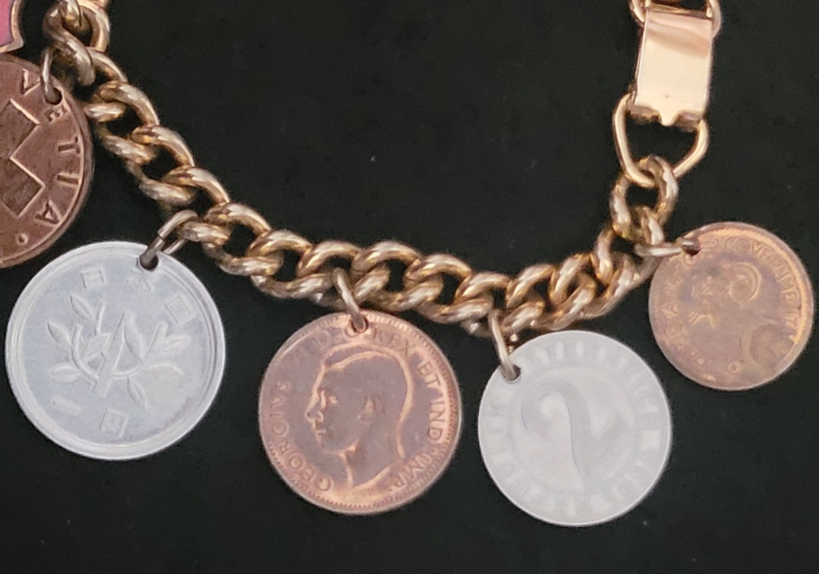 10 1930’s-1950’s Coins World Travel 6” Bracelet Can, Pak, Aut, Zaf, Jpn and Che