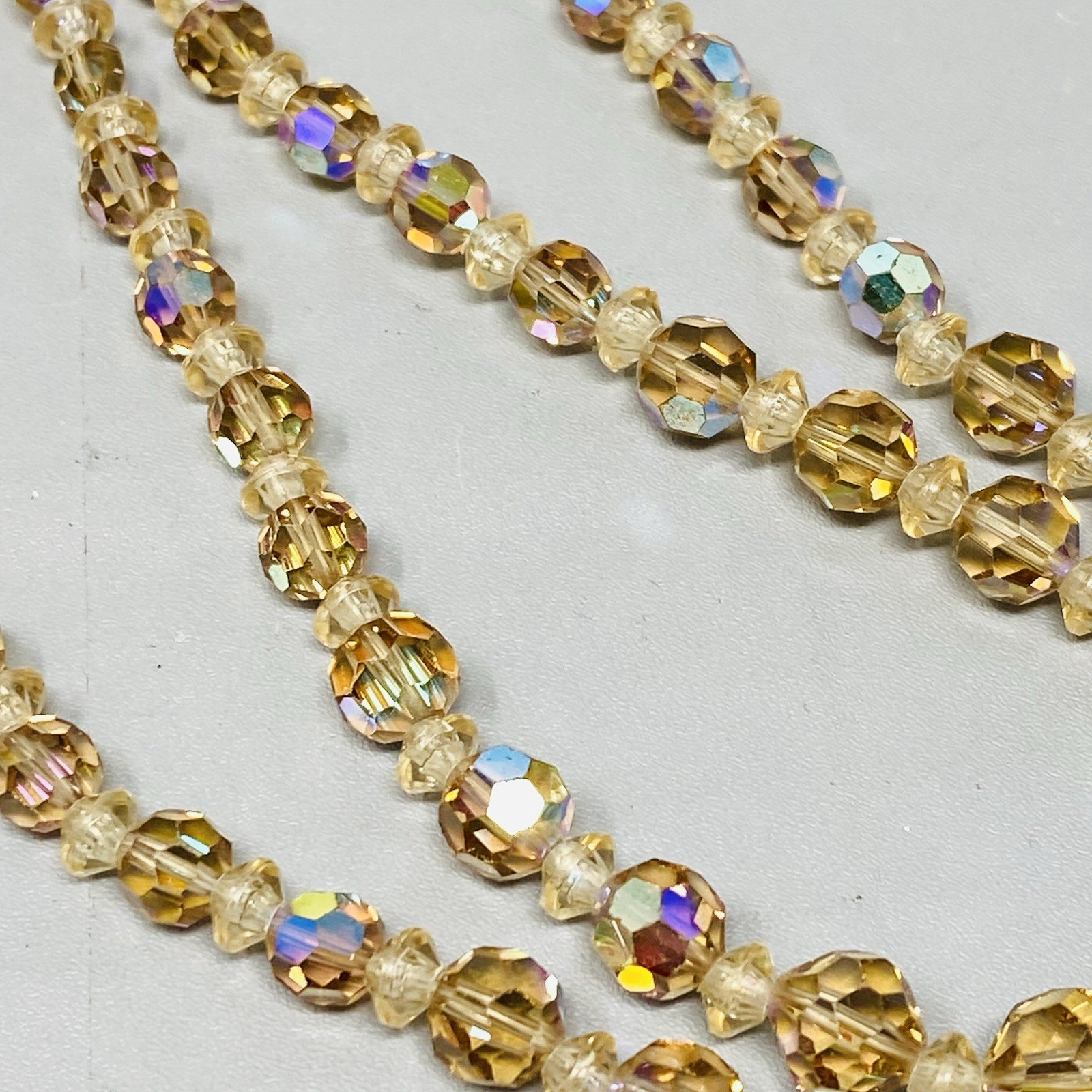 VTG Crystal Beaded Necklace Champagne Aurora Borealis Faceted Double Strand 15″