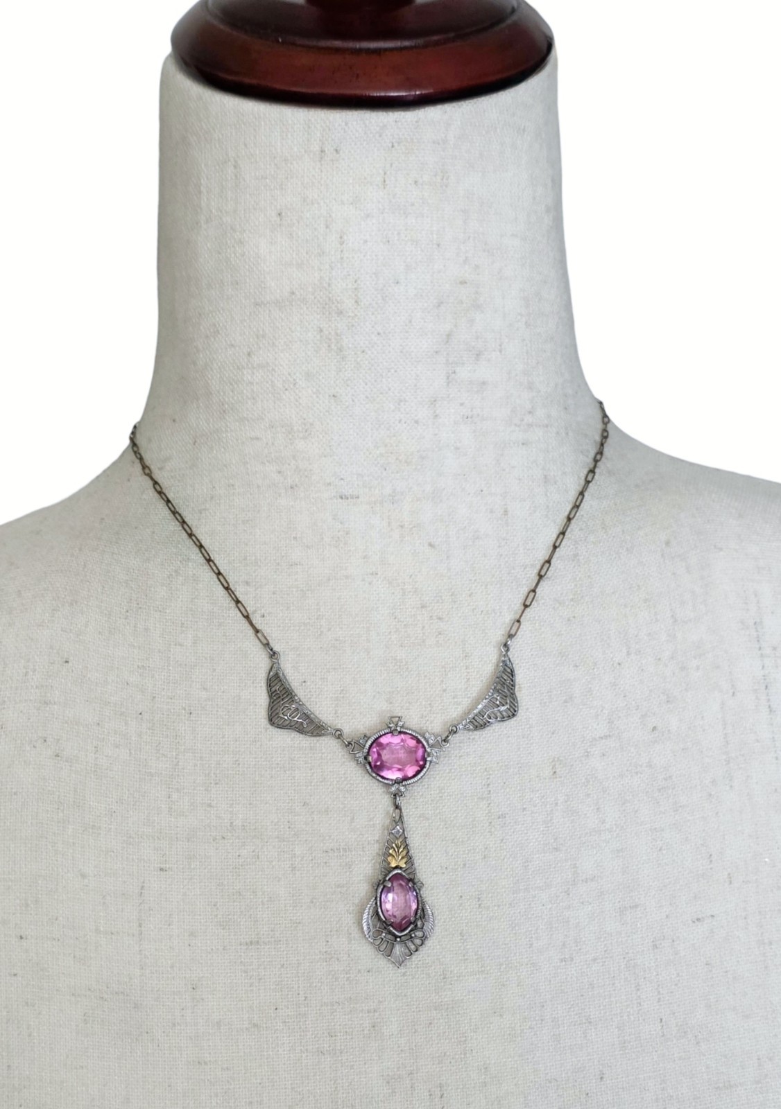 Antique Art Deco Lavalier Pendant Necklace Pink Glass Filigree Edwardian