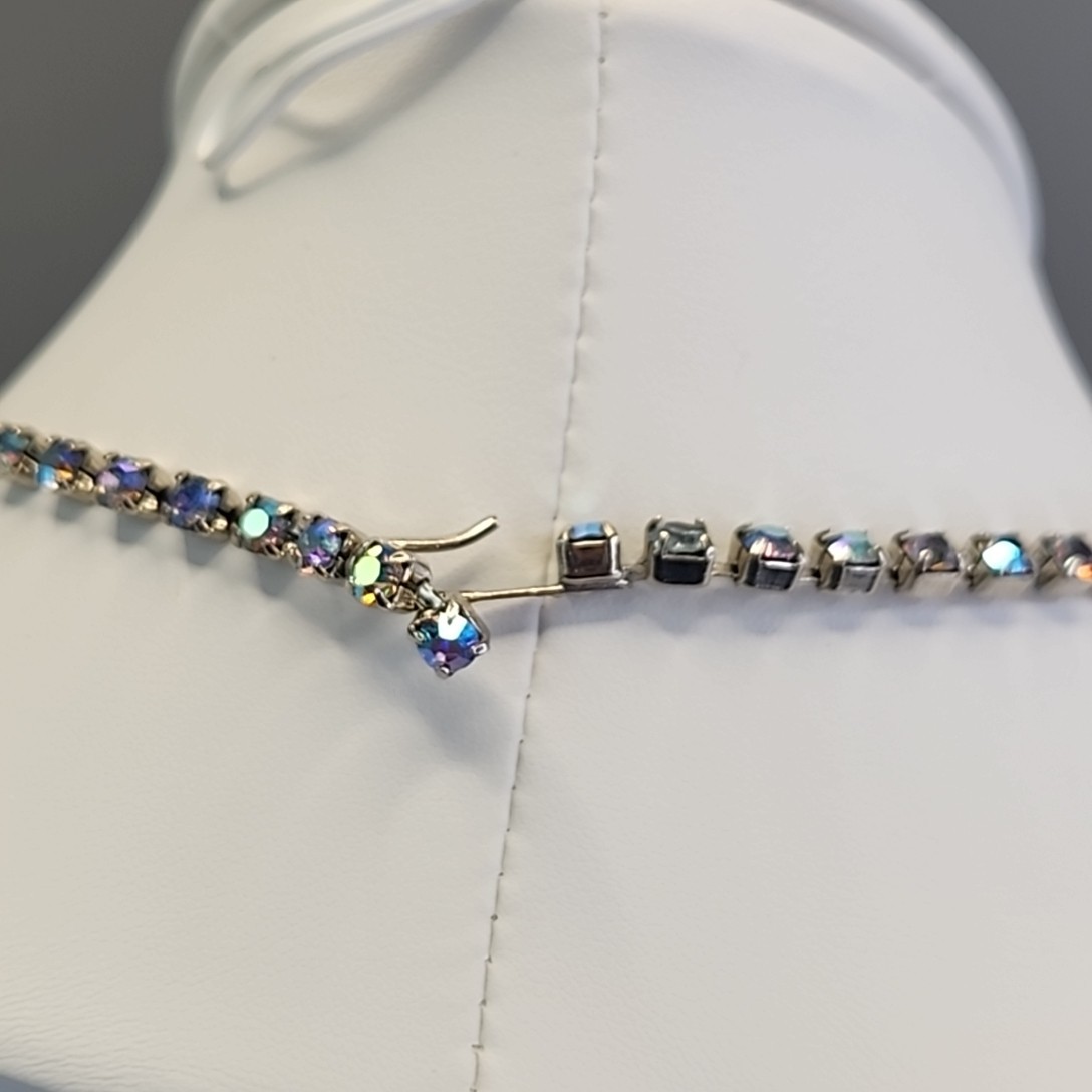 Vintage Aurora Borealis Rhinestones Necklace Blue Festoon Collar 14.5″