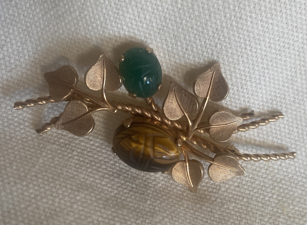 Vintage Van Dell Gold Filled Jade & Tiger Eye Scarabs Brooch Leaves Pin 2.4″