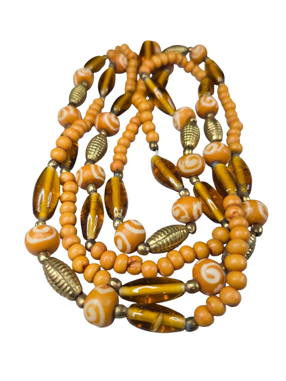 Vintage Women’s Gold Tone Beaded Tan Brown Long Necklace 50″ No Clasp