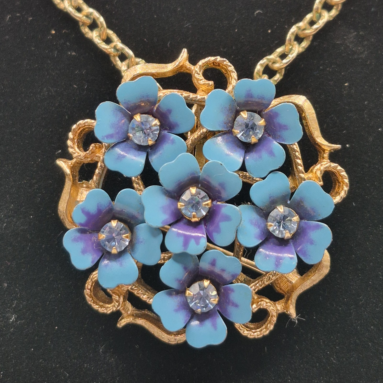 Vtg “Love Blossoms” Pendant/Brooch Rhinestone Convertible Purple Enamel Flowers