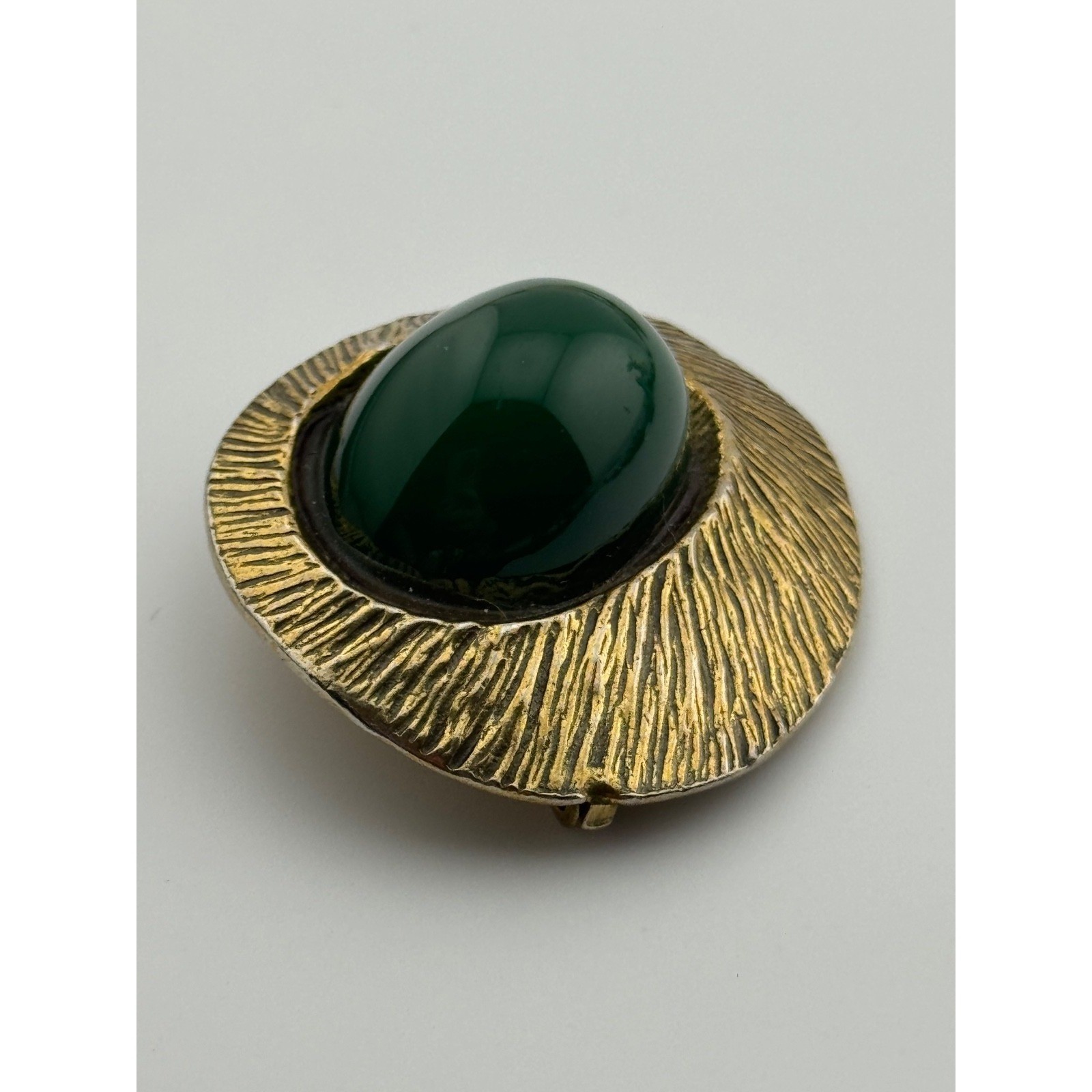 Vintage Zentall Gold Tone Green Cabochon Brooch Pin