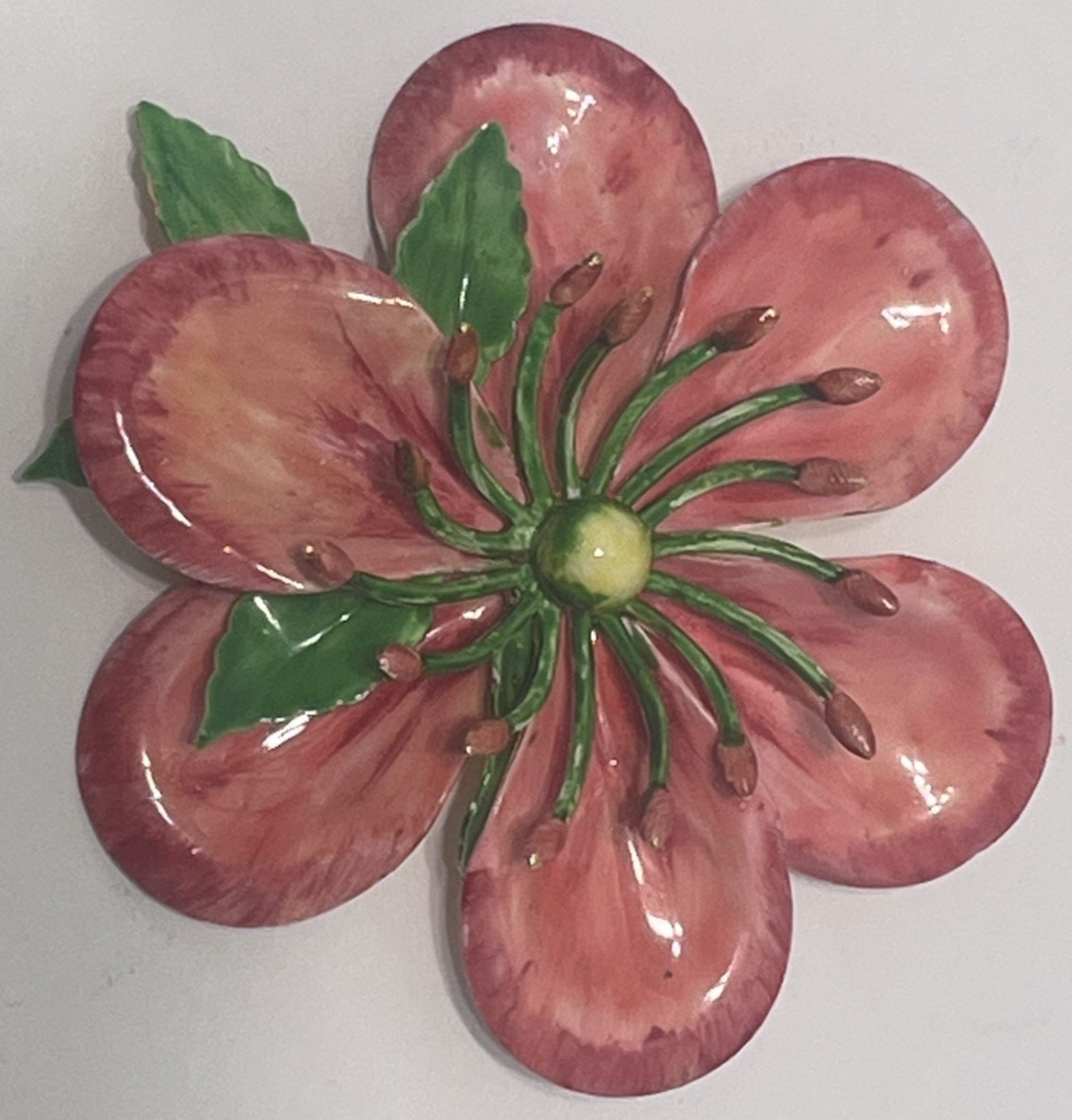 Vtg Hattie Carnegie Enamel Flower Brooch W/ 3D Pink Petals And Green Pistils