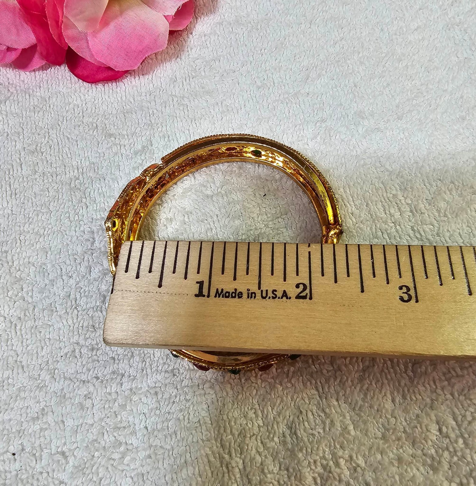 Vtg Goldtone Metal w Tri Color Cut stone & faux pearl Polki Kangan Cuff bracelet