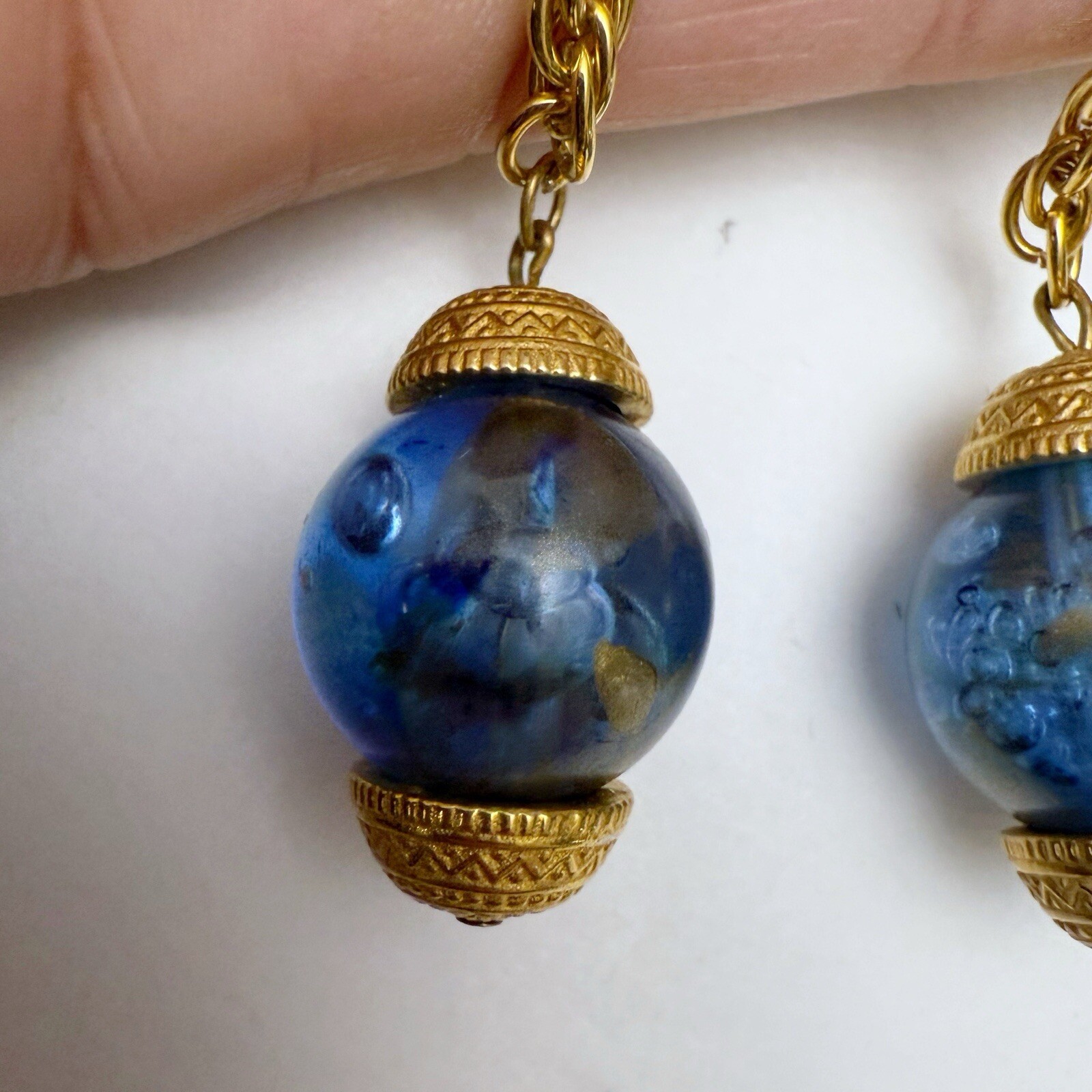 Vintage Blue Lucite Cabochon Bead Long Chain Dangle Linear Goldtone Earrings
