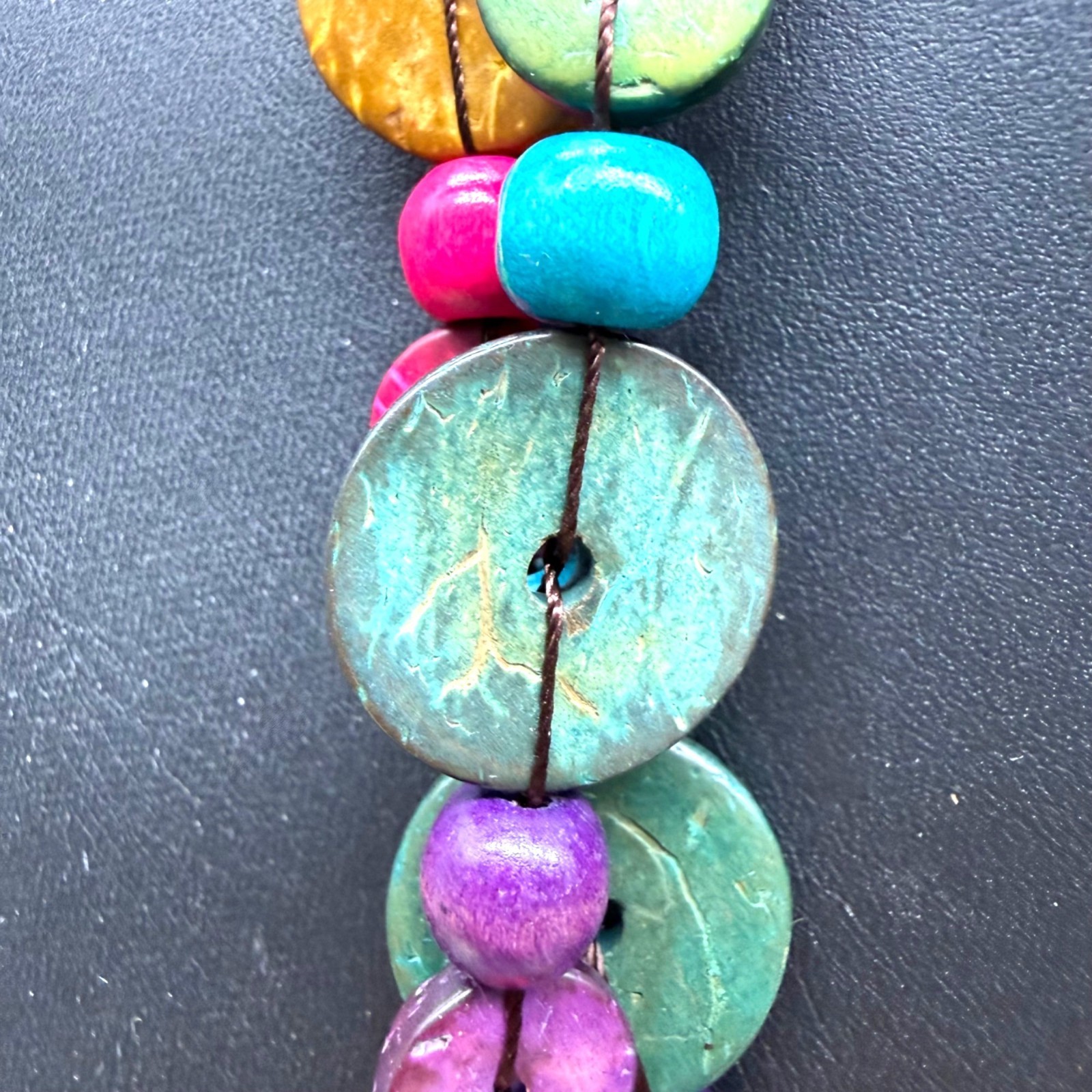 Vintage Necklace Colorful Wooden Button Bead One Long Strand NO CLASP 54 inches