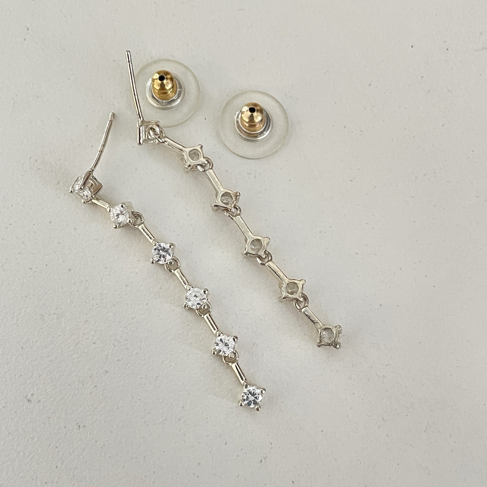925 Signed Clear Crystal Dangle drop Linear 1 3/4″ long Post Pierced Earrings