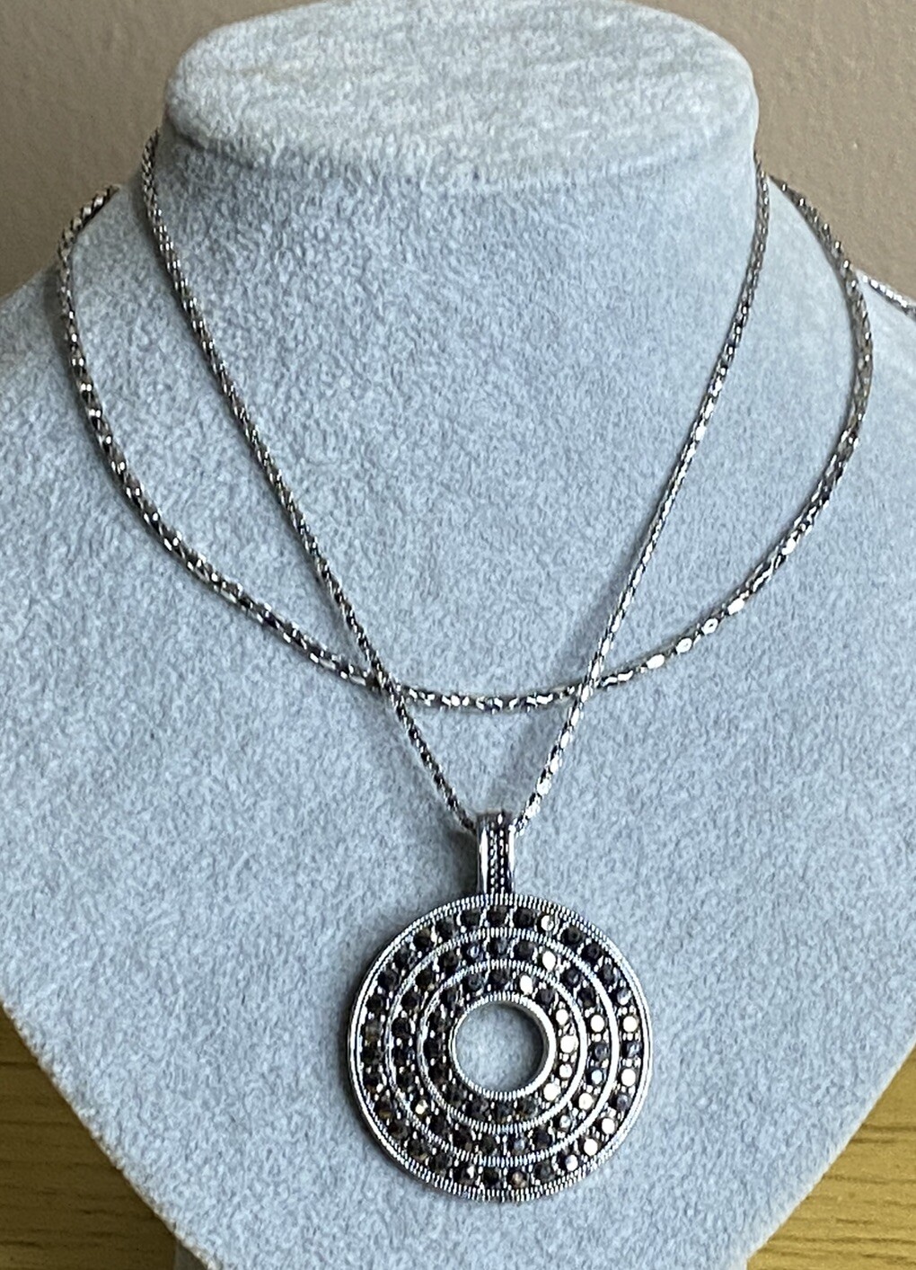 Double Strand Silver Tone Chain Necklace w/ 2” Pendant 16”+3” Extender