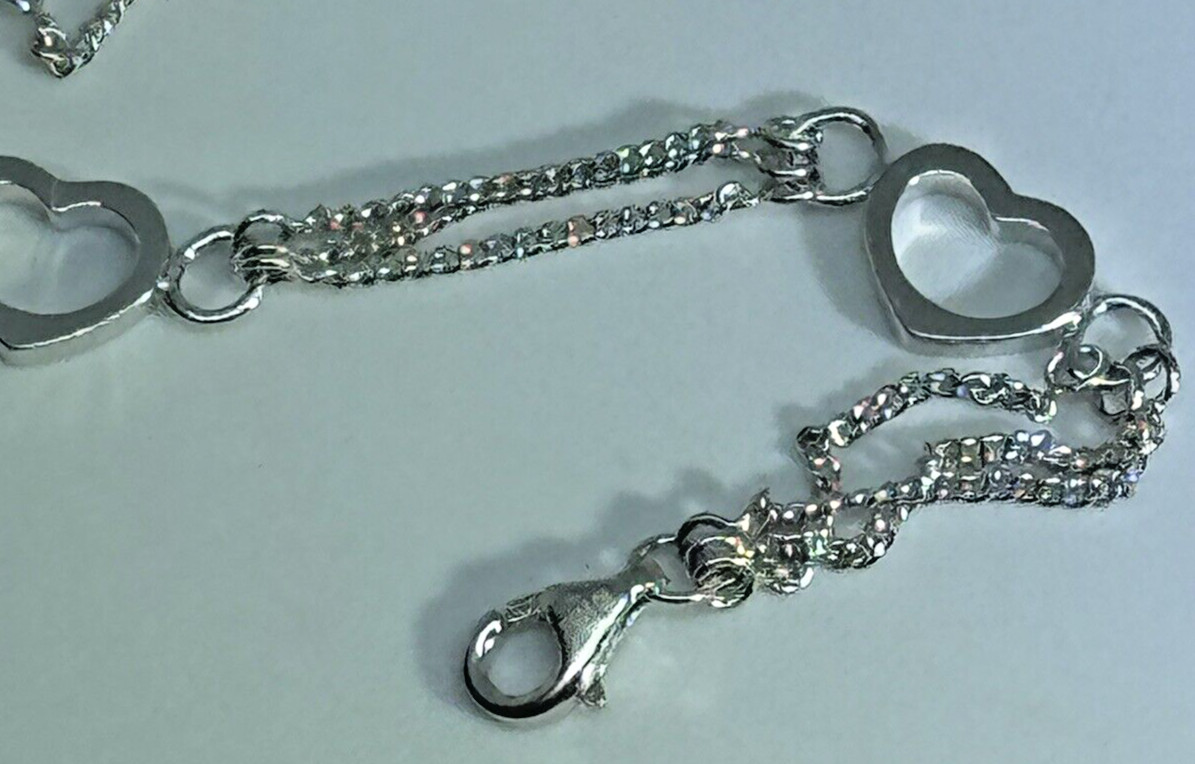 Vintage HSN N CN 925 Silver Open Hearts Bracelet 7&7/8″ 14k White Gold Overlay