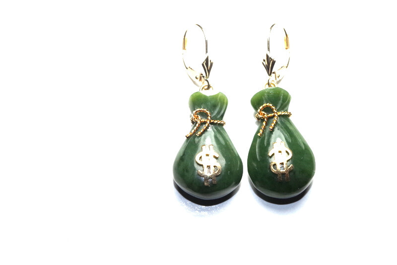 14K Exquisite Carved Jade bag of money Lucky Stone Lever back Earrings