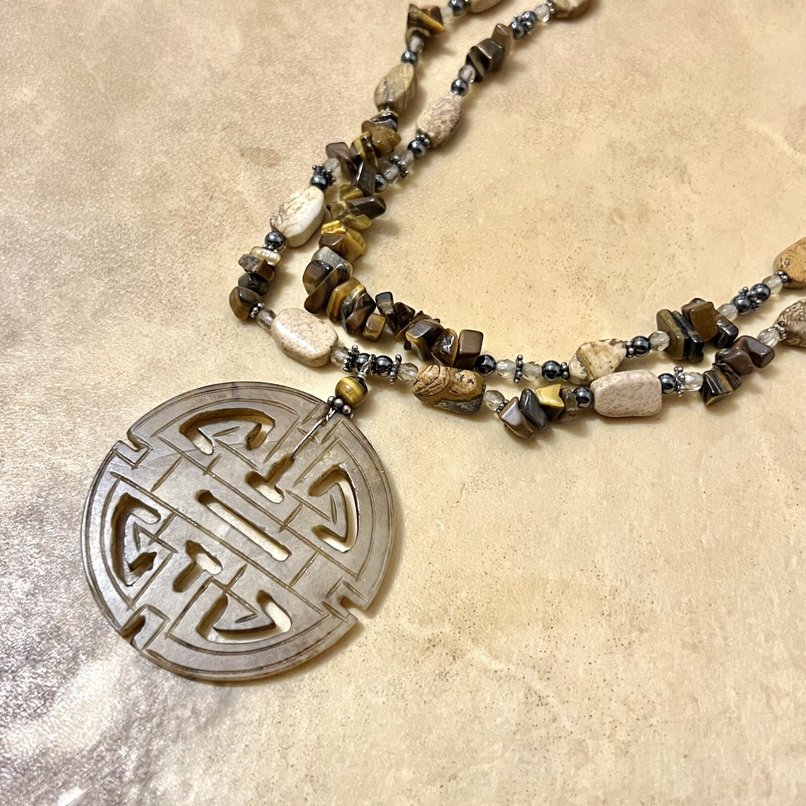 Vintage Asian Jade Carved Stone Pendant, Tigers Eye Beads, Sterling Silver Clasp