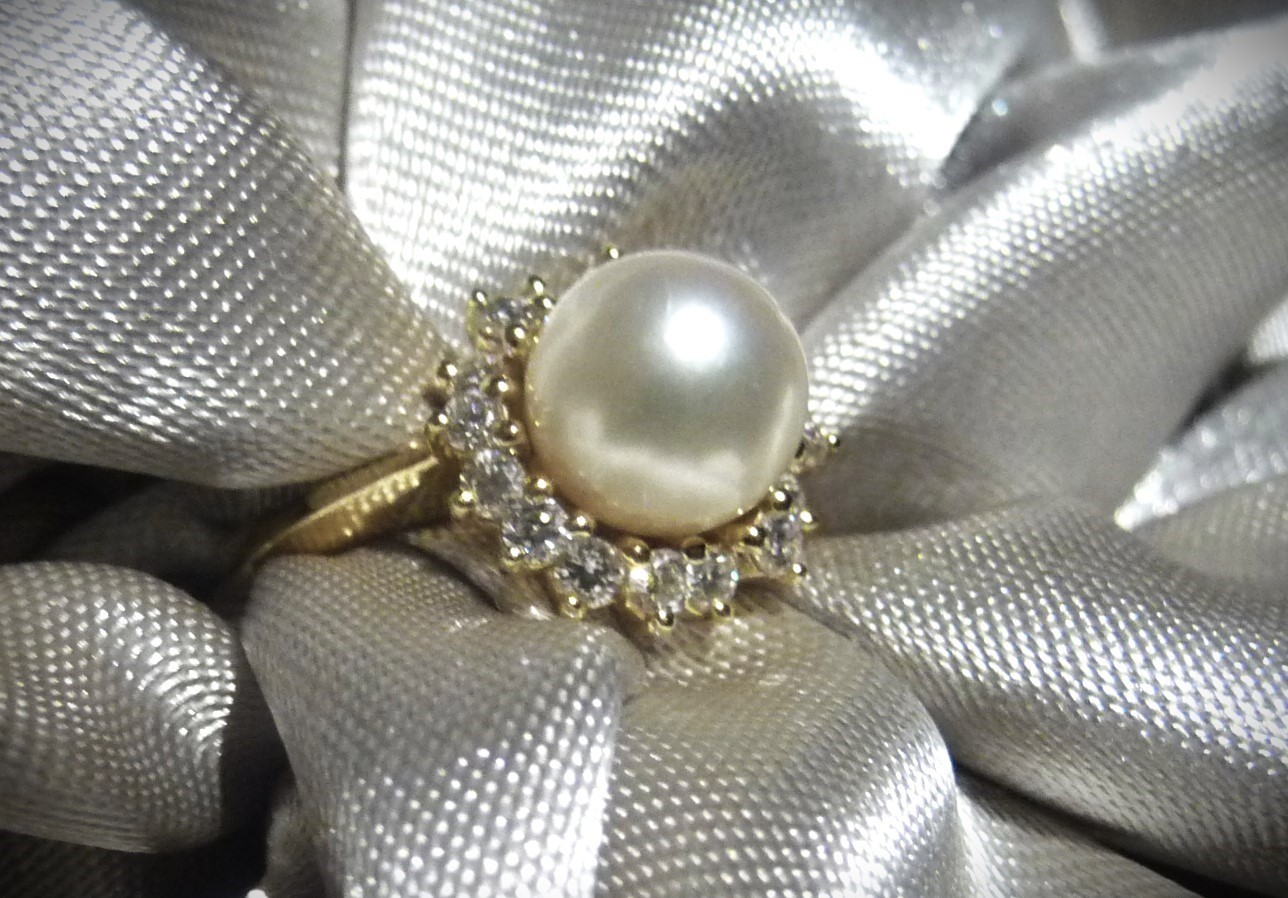 GORGEOUS $2450 MIKIMOTO BLUE LAGOON 14K HALO 16 DIAMONDS PEARL ENGAGEMENT RING!