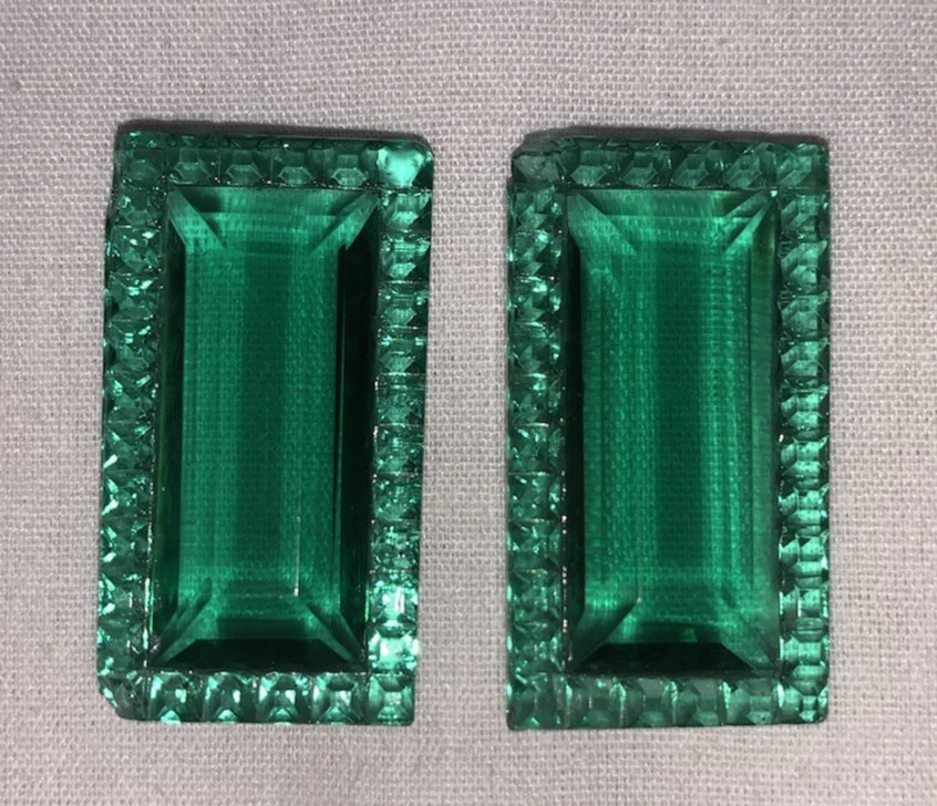Lot of 2 Emerald Green Rectangle Faceted Stones-Double Sided-Circa 40’s – 50’s