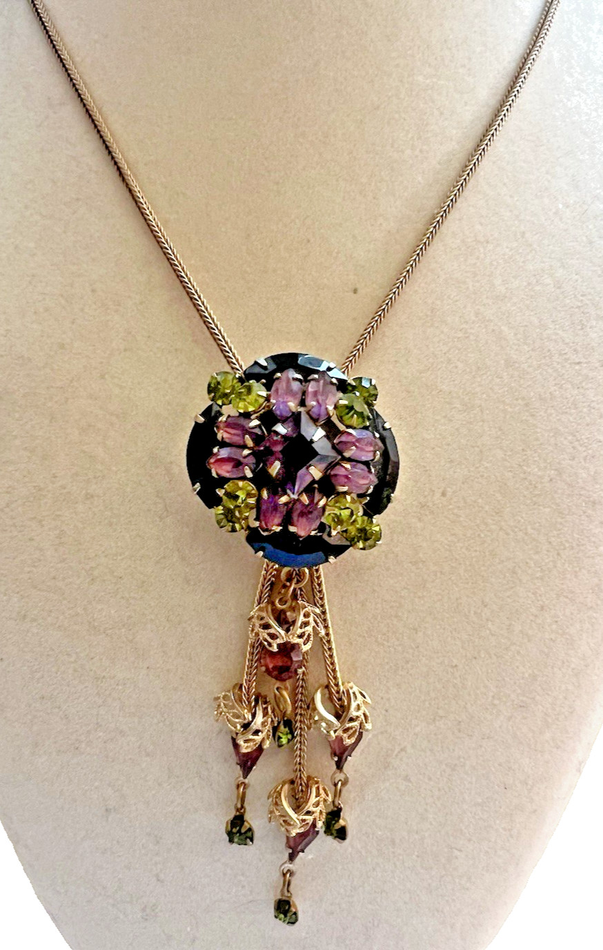 Vintage Shades of Purple & Olive Green Rhinestone waterfall Pendant Necklace 16″
