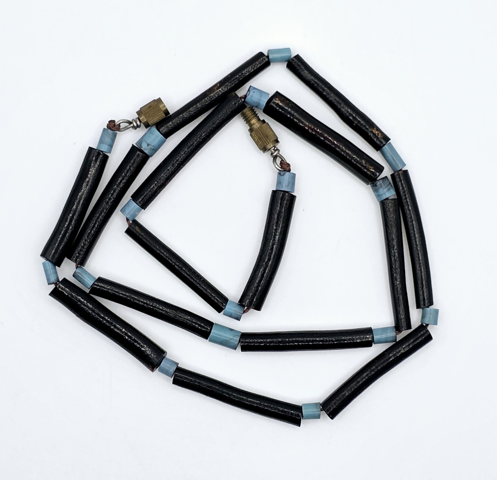 Vintage Black Coral Tube Bead Necklace 17.5″ Blue Glass Spacers Brass Clasp
