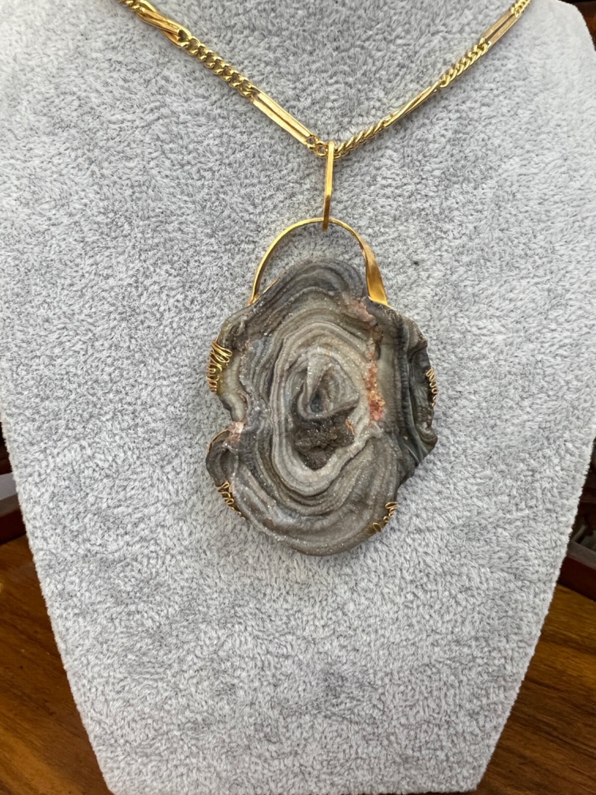 Modernist Gild Gold Neck Pendant Chalcedony Agate Geode Silver Mount Art Frame
