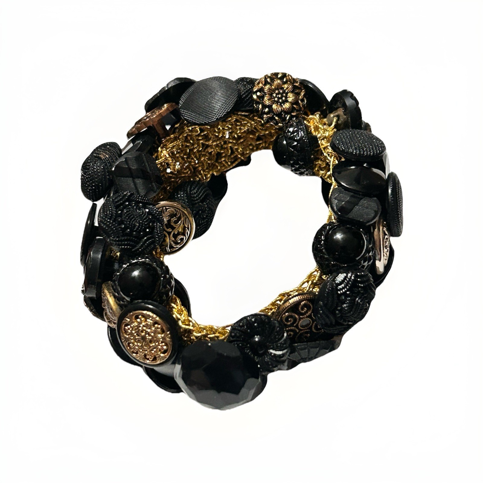 VTG 70s Mid-Century Buttons Treasure Bracelet Crochet Black/Gold Victorian Style