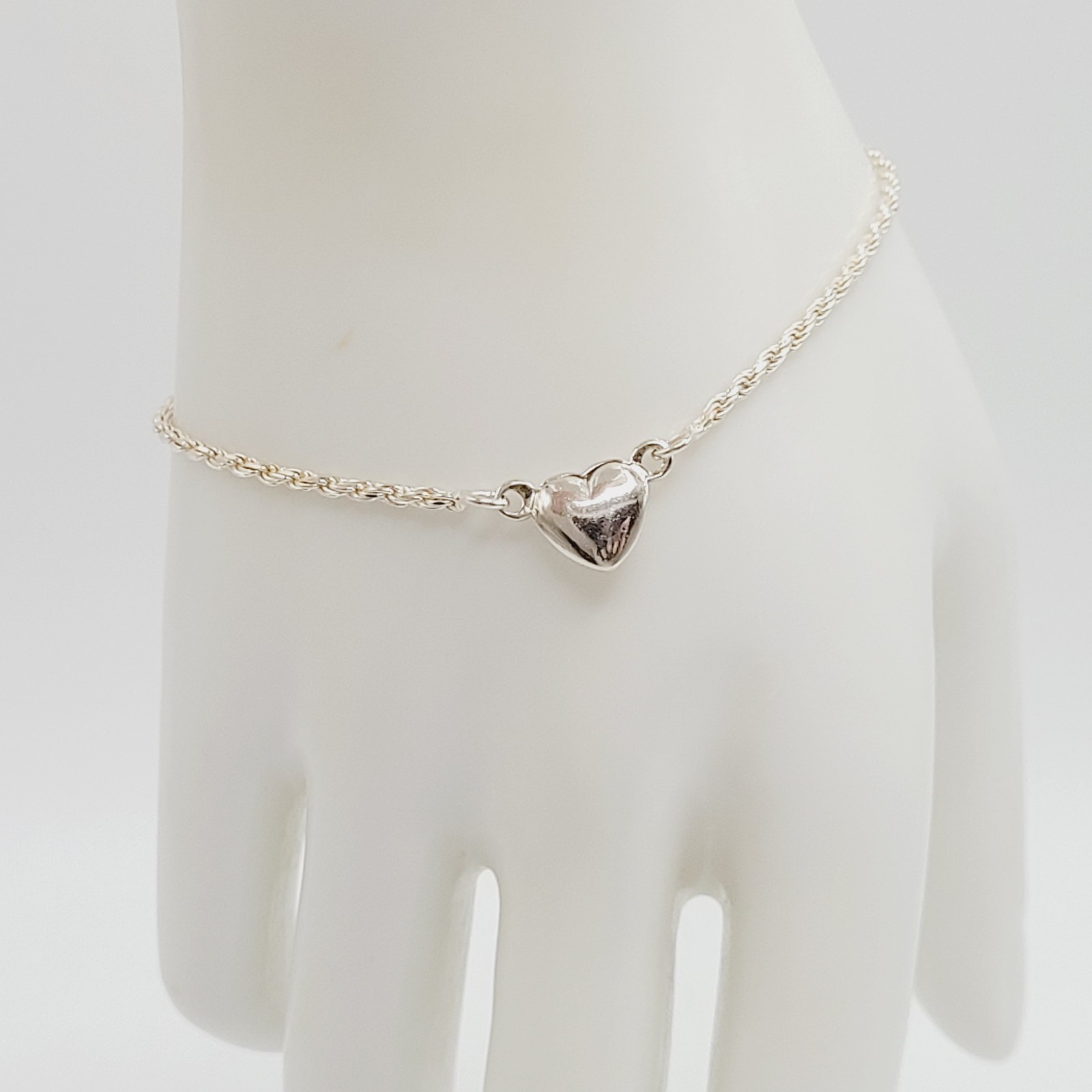 Minimalist Dainty Puffed Heart Station 925 Sterling Rope Chain Bracelet 7.25 in