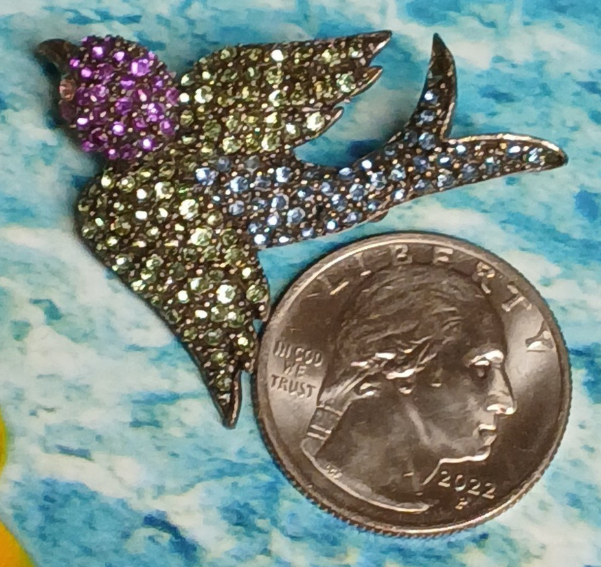 Vintage Silver Tone Sparrow Brooch Adorned w/Green Purple and Blue Rhinestones