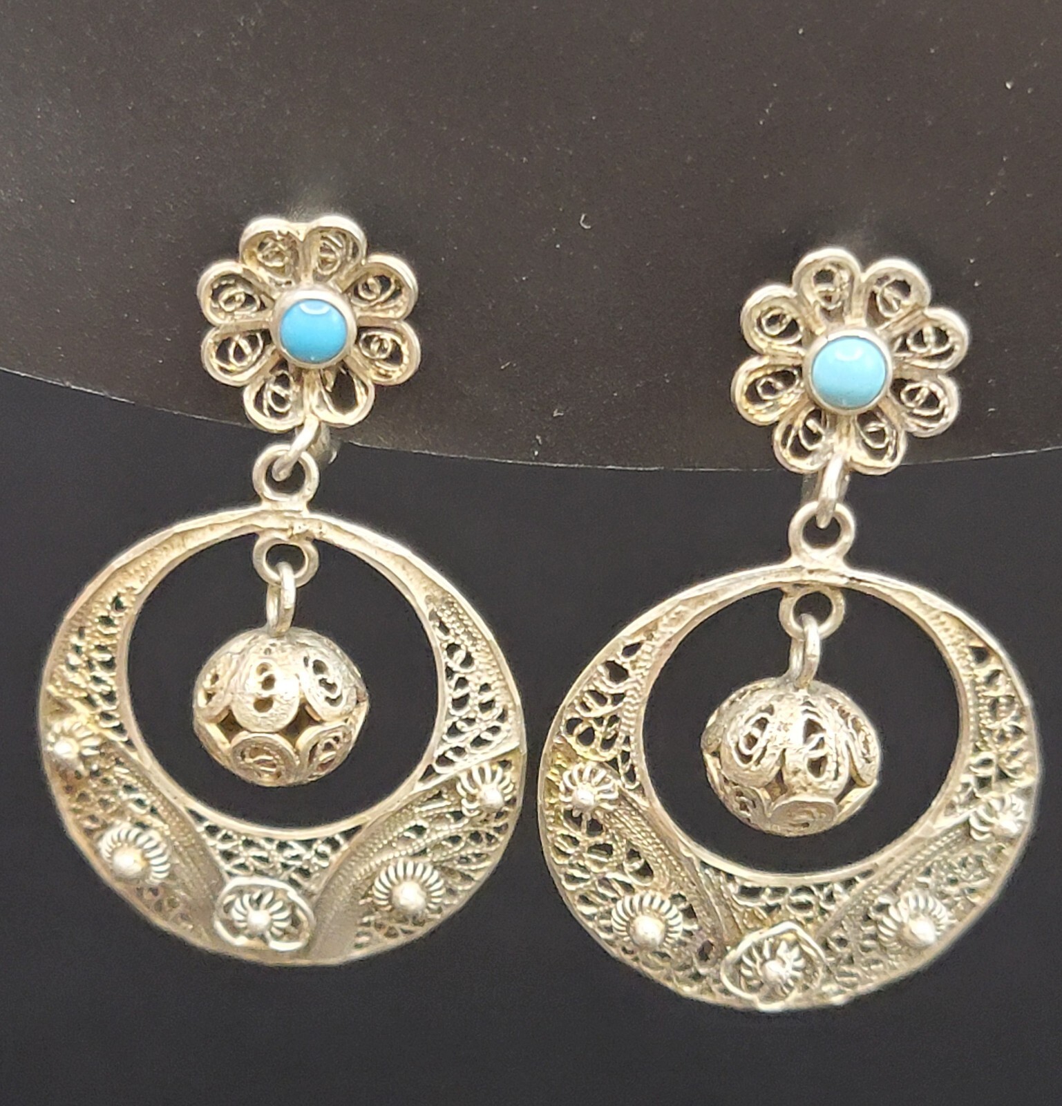 833 Silver Filigree Drop Earrings Turquoise Accent Dangle Vintage Ethnic