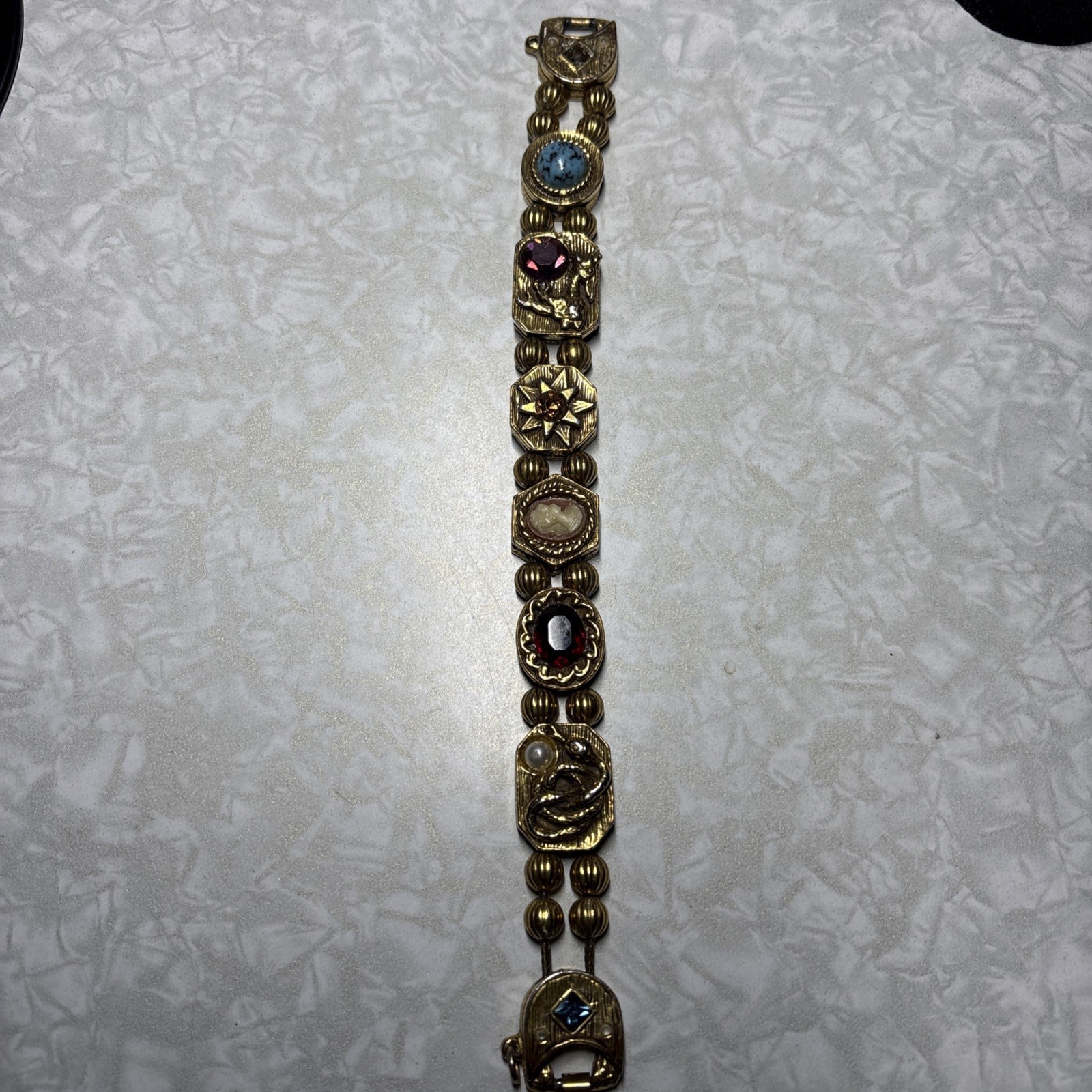 Vintage Slides Charm Bracelet Goldette Signed 7inches