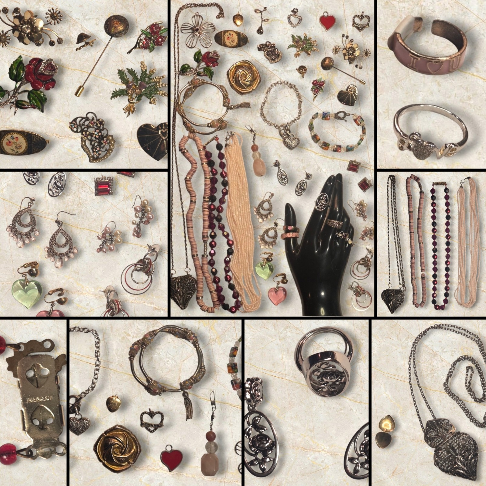 SWEETHEART LOT! 36-Pc Vintage Jewelry Heart Sterl Rings Trinket Dish Signed Avon