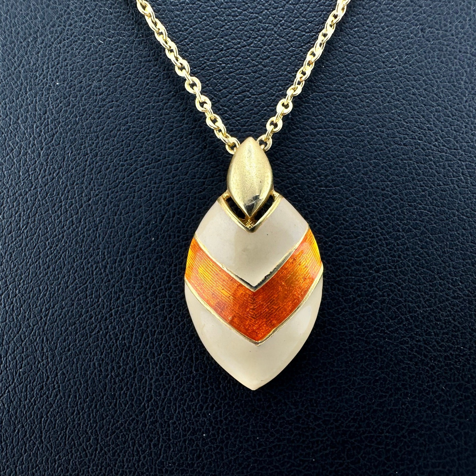 Vintage Art Deco Revival Cream Enamel Orange Resin Gold Tone 15.5” Necklace