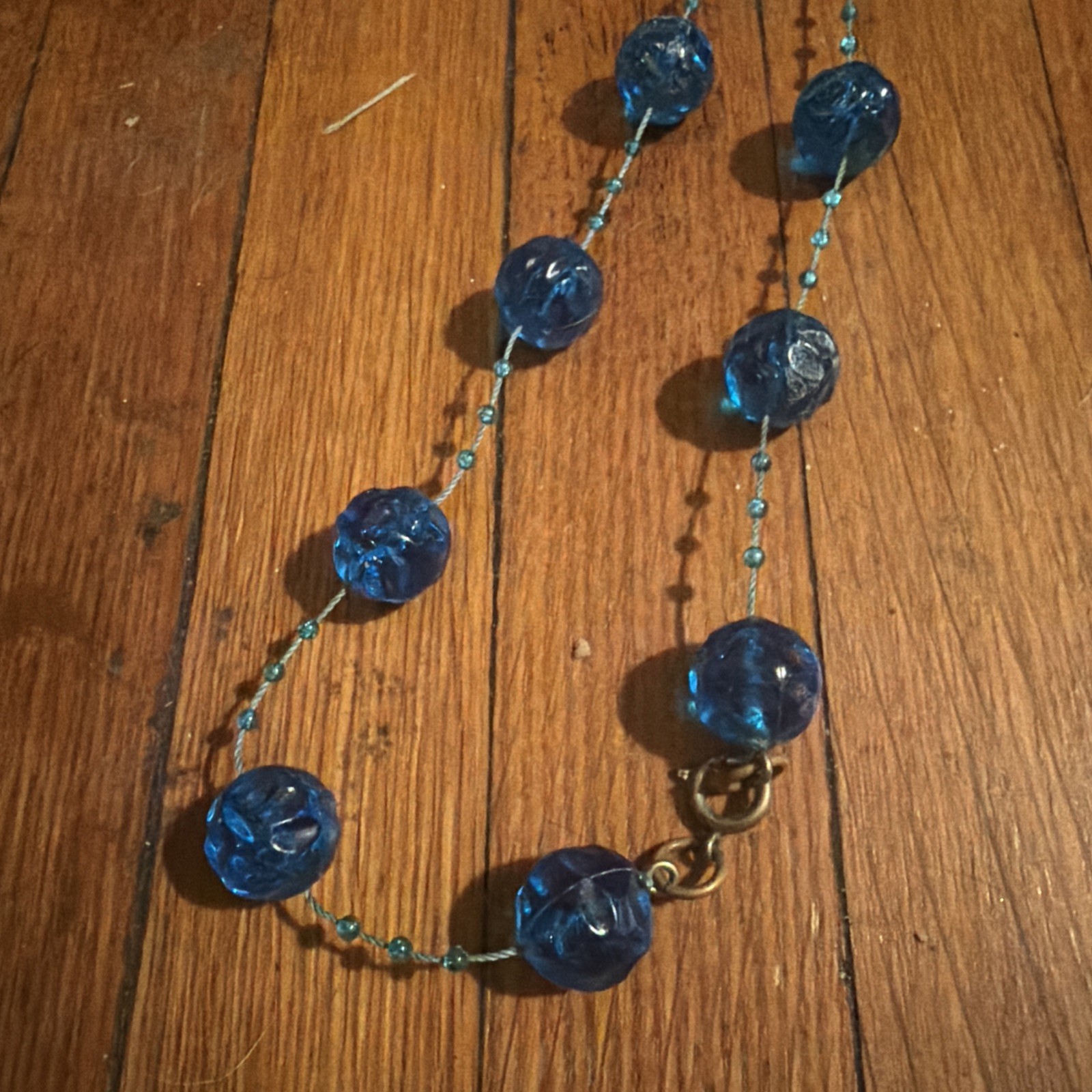 Antique Art Deco Blue Moulded Crackle Bead Satoir Necklace earrings Set Vintage