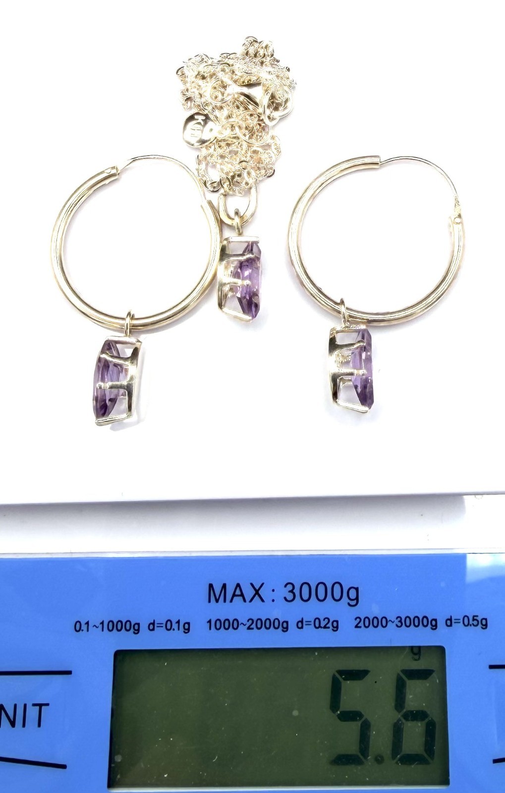 Vintage Amethyst Hoop Earrings Pendant Set Sterling Silver w Kit Heath Chain 5.6