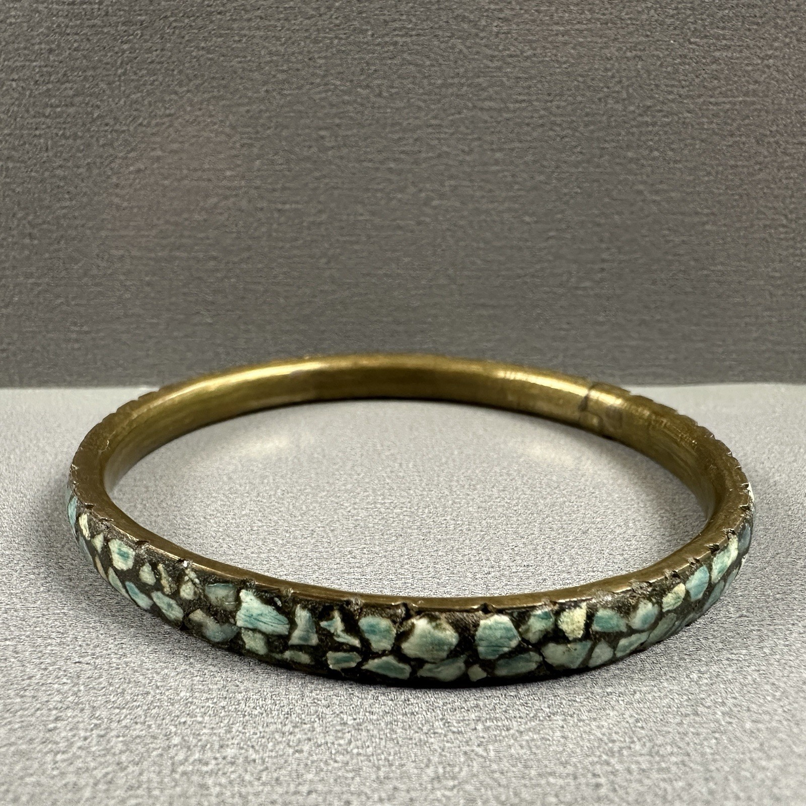 Vintage India Bangles Bracelet Mosaic Stone Brass Blue Green Inlay Set of 2