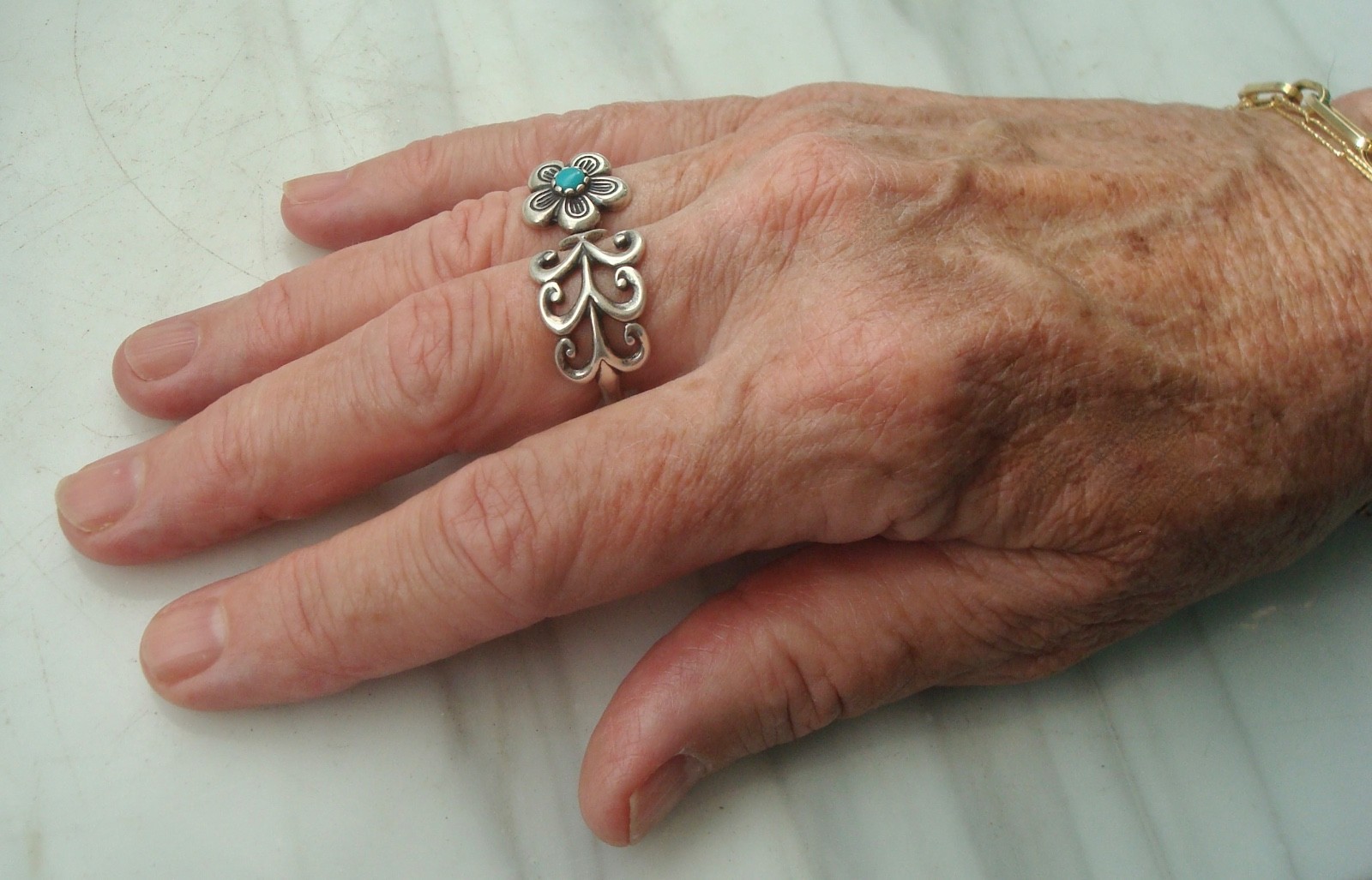 Vintage CAROLYN POLLACK STERLING Silver FLOWER Turquoise DOUBLE RING Size 9/7.5