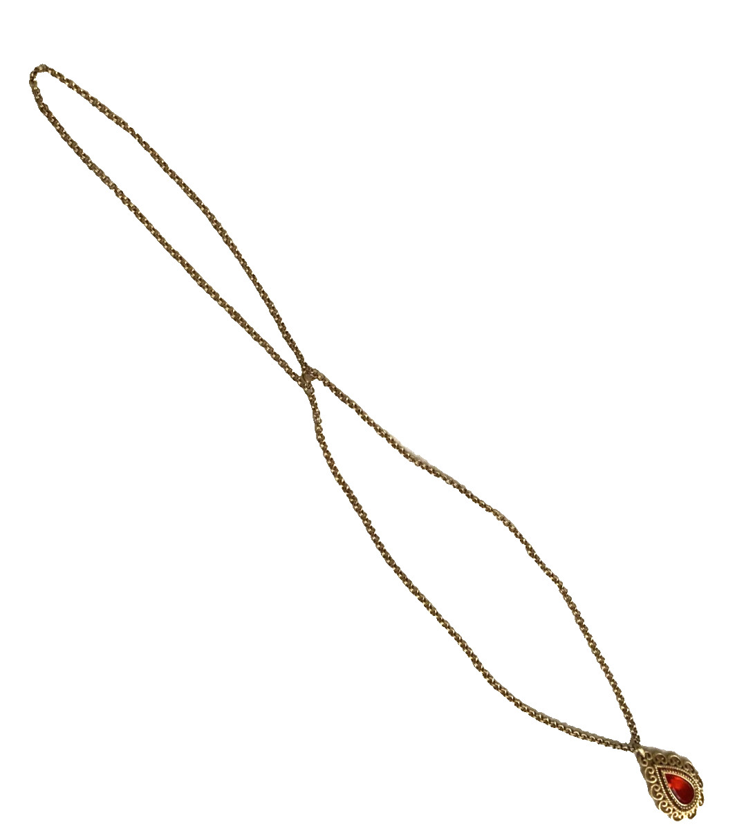 Vintage Granada AVON Teardrop Necklace-Lg Red/Orange Stone-Gold Tone Dubl Chain