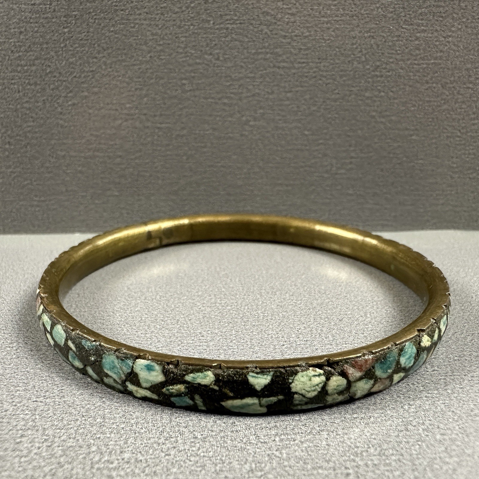 Vintage India Bangles Bracelet Mosaic Stone Brass Blue Green Inlay Set of 2