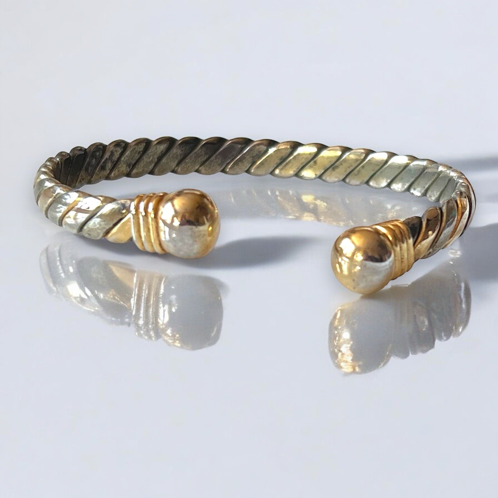 Mixed Metal Cuff Bracelet 7” Silver Gold Tone Flat Link Vintage 1980s Jewelry