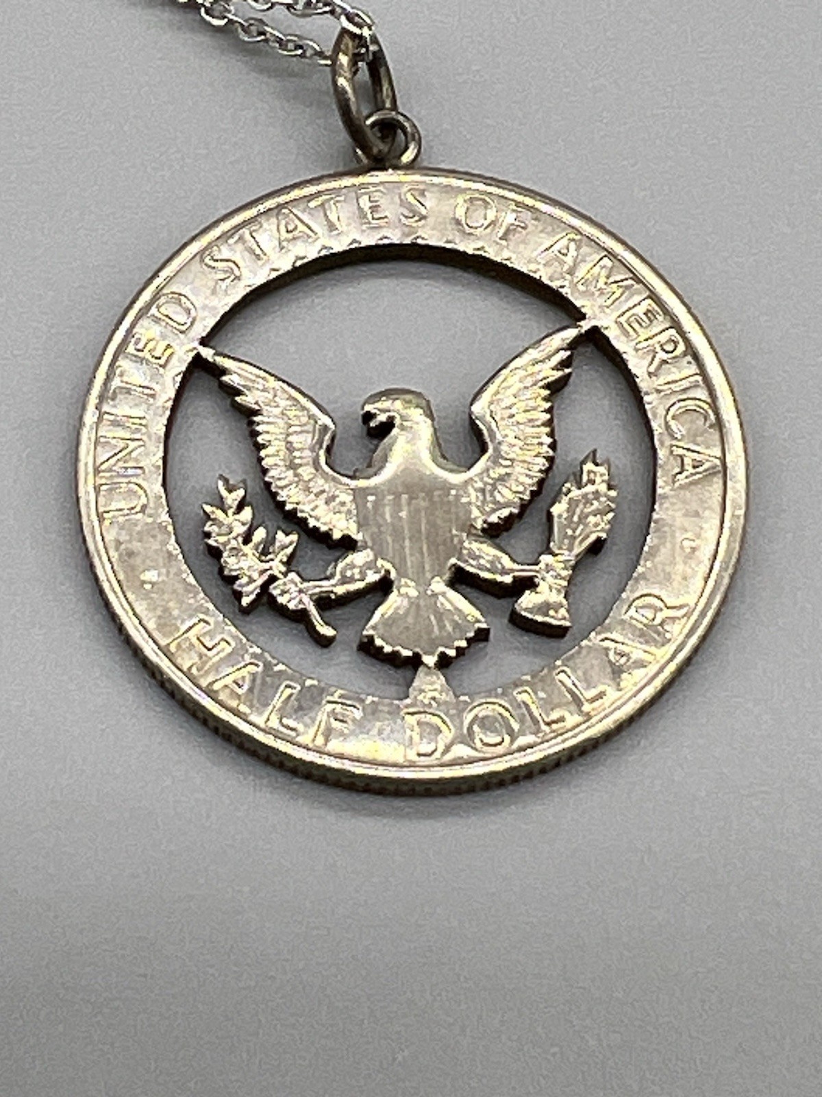 VTG 1971 Clad Half Dollar Coin Cut Out Pendant & 21” Necklace