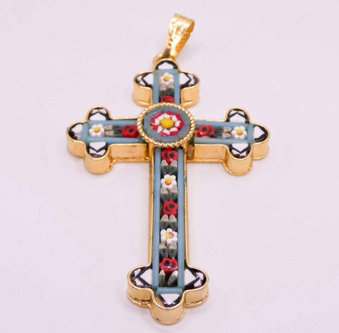 Vintage Italy Micro Mosaic Made In Italy Blue 2.7″ Large Gold Cross Pendant