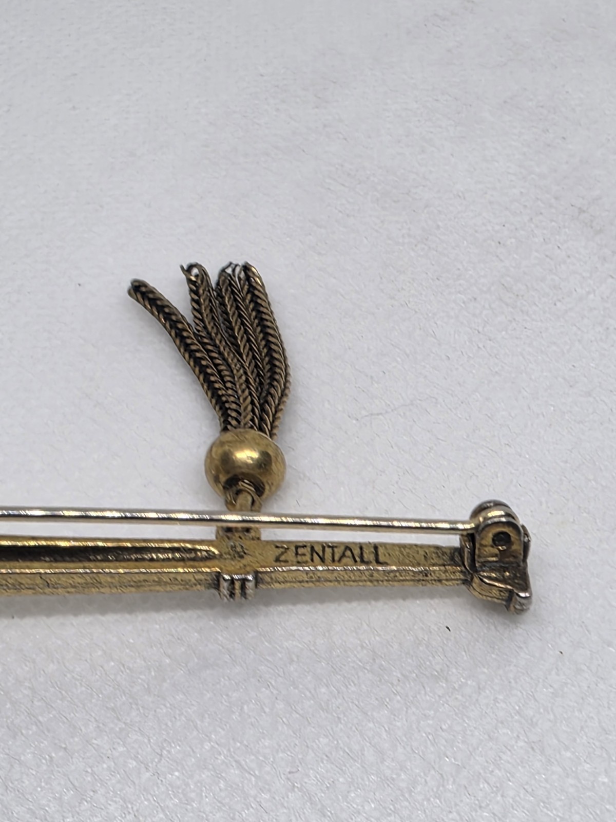 Vintage Zentall Trumpet Horn Brooch Gold Tone Tassel Long Bar Pin Signed Rare