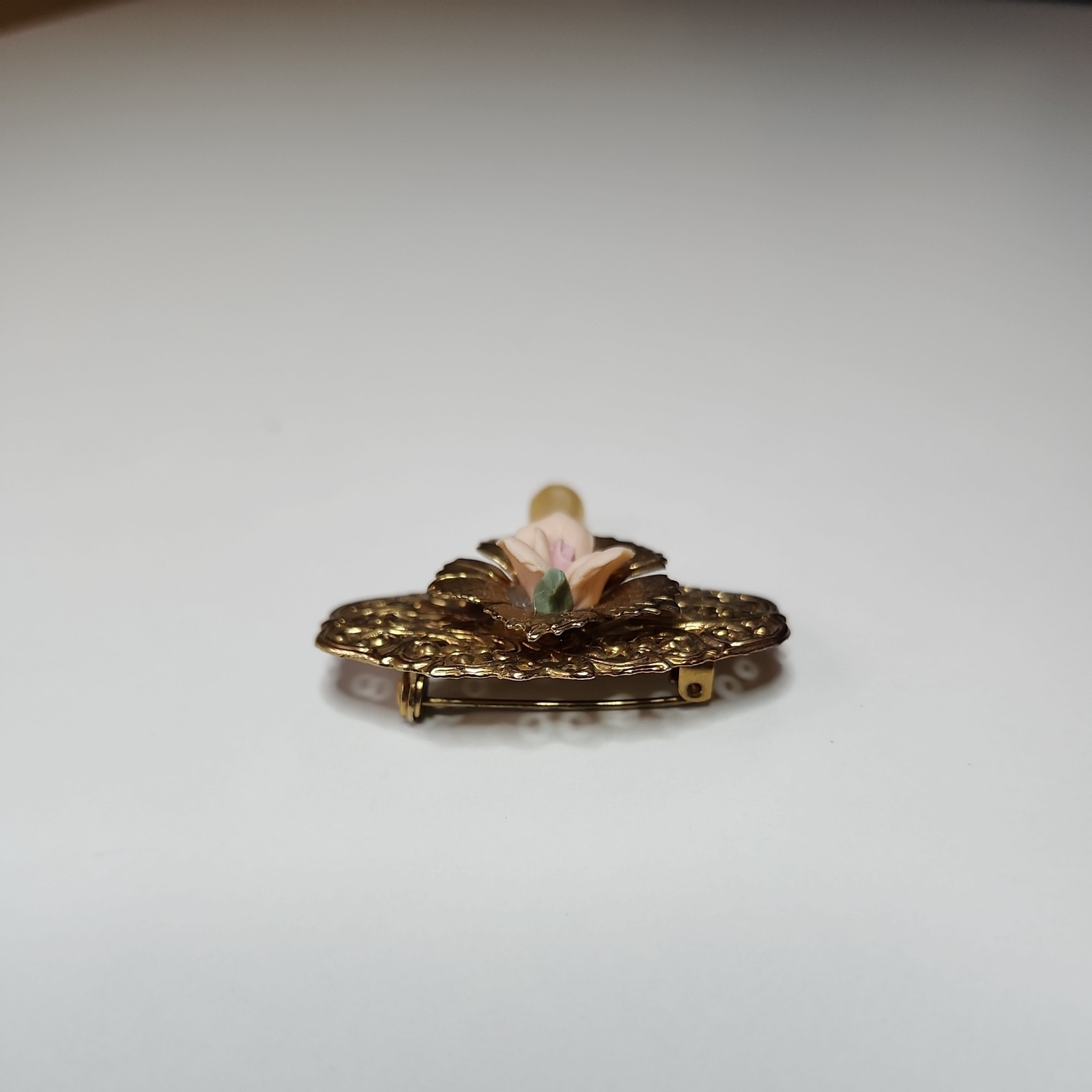 Vintage Brooch Gold Tone Floral Dangle Faux Pearl With Enameled Rose Filigree