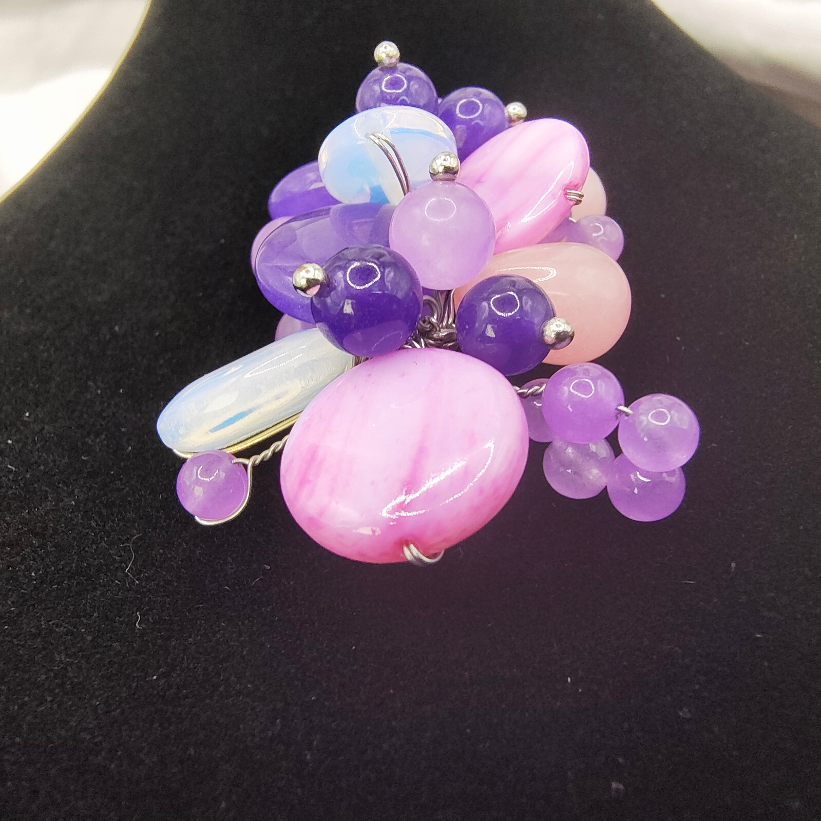 Chunky Purple Art Glass Brooch Pin Silver Tone Glass Beads Cluster Wire Abstract